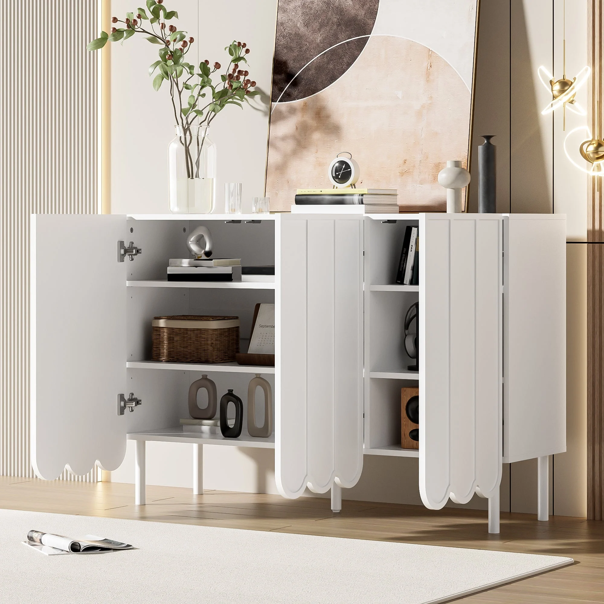 Sideboard, Wave Doors, Handleless, Adjustable Shelves, White - Image 7