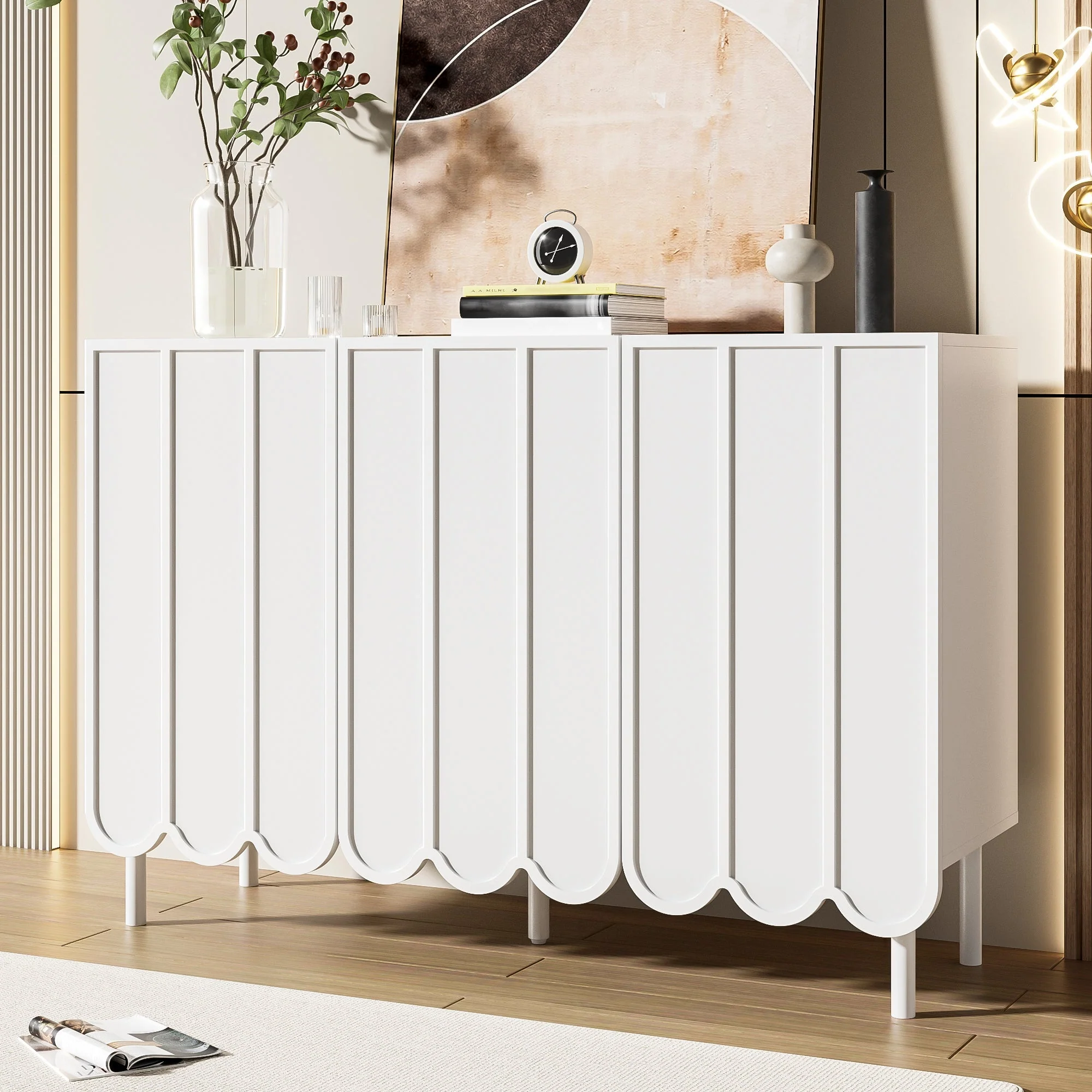 Sideboard, Wave Doors, Handleless, Adjustable Shelves, White - Image 8
