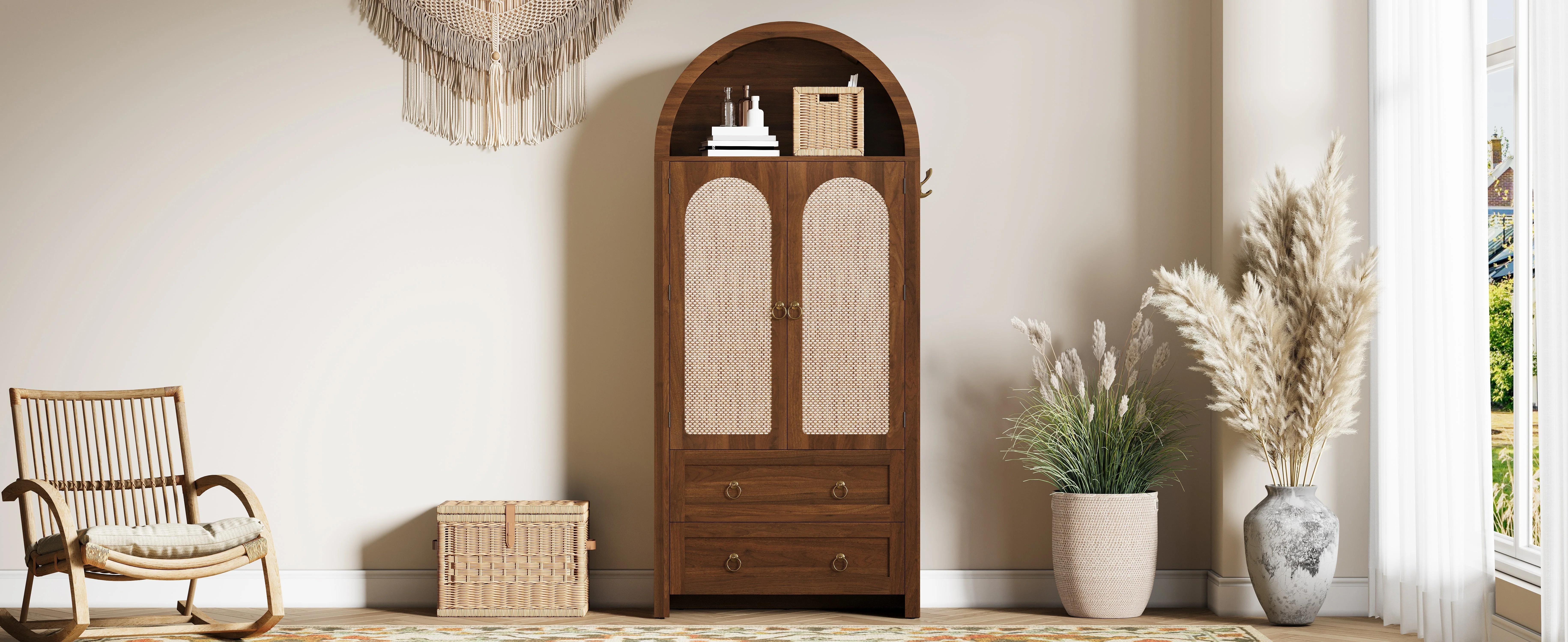 Sideboard Wickerwork Arch Style Double Drawers Storage Vintage - Image 7