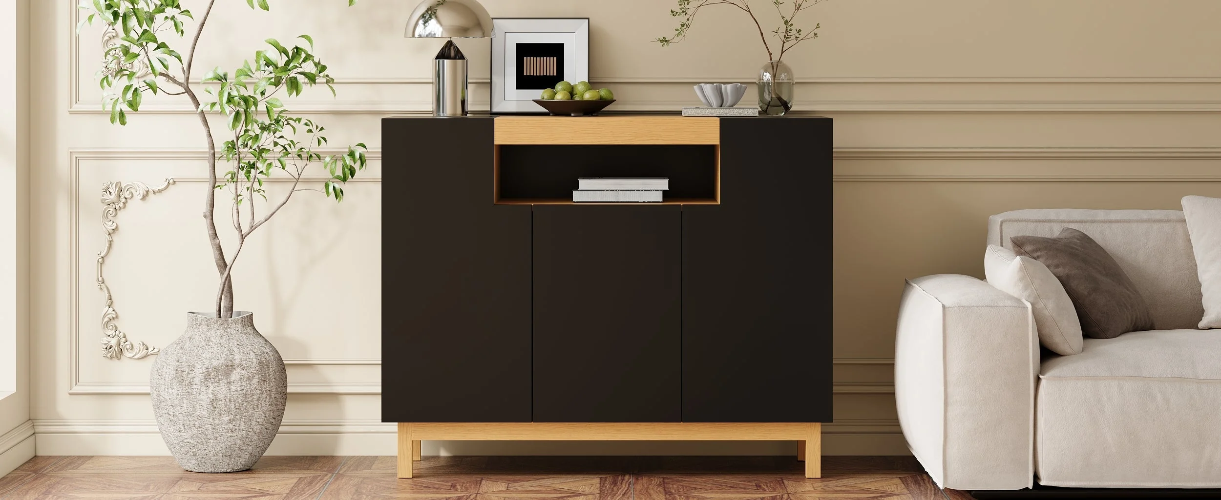 Sideboard with 3 Doors and Open Compartment, Black and Wood Finish - Image 7