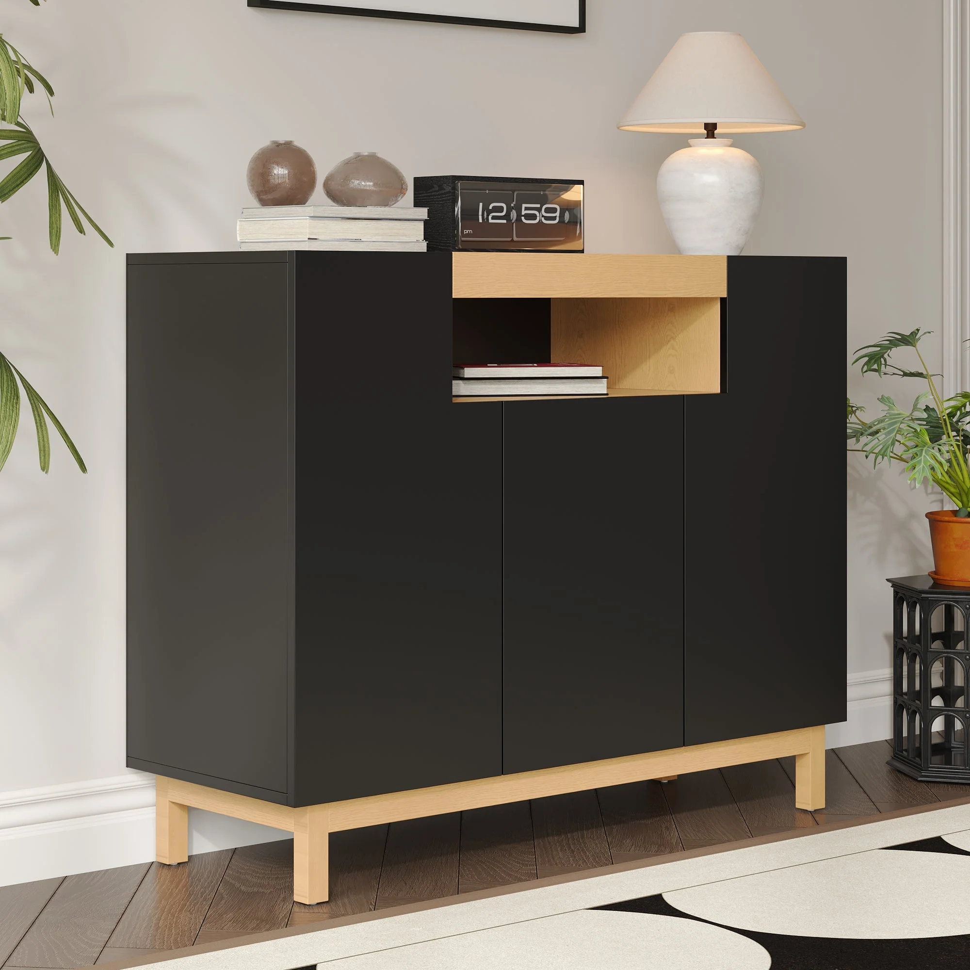 Sideboard with 3 Doors and Open Compartment, Black and Wood Finish - Image 9