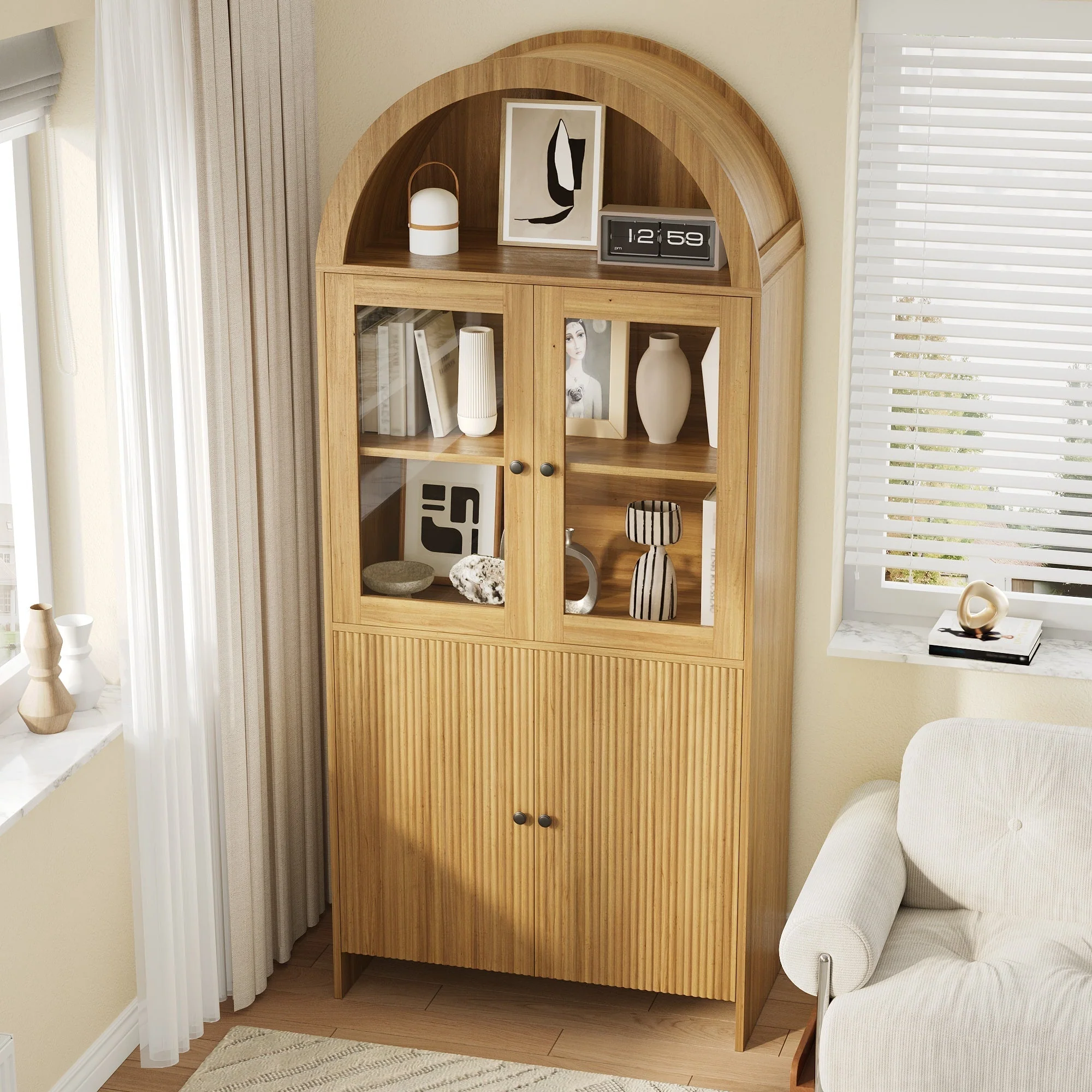 Sideboard with Arched Top, Glass Doors and Wave Pattern Storage Cabinet, Wood - Image 7