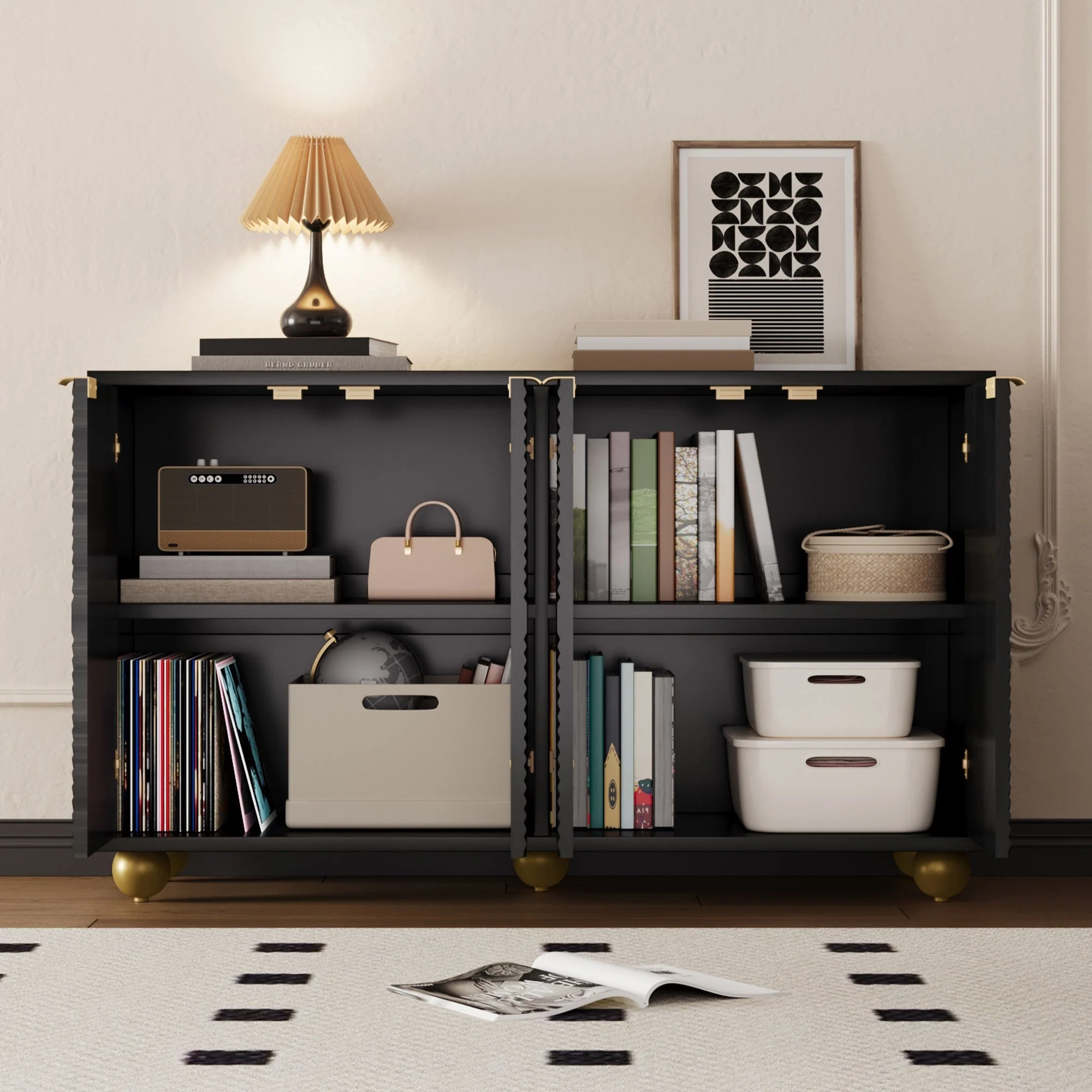 Sideboard with Four Molded Doors and Adjustable Shelves, Metal Handles and Ball-Shaped Legs - Image 3