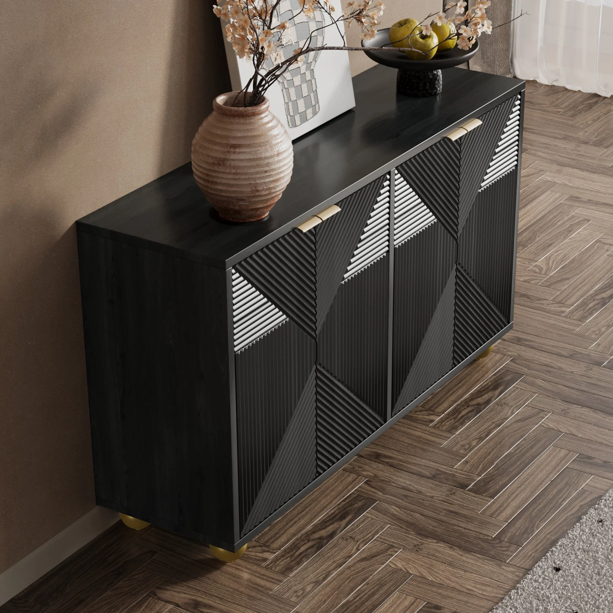 Sideboard with Four Molded Doors and Adjustable Shelves, Metal Handles and Ball-Shaped Legs - Image 4