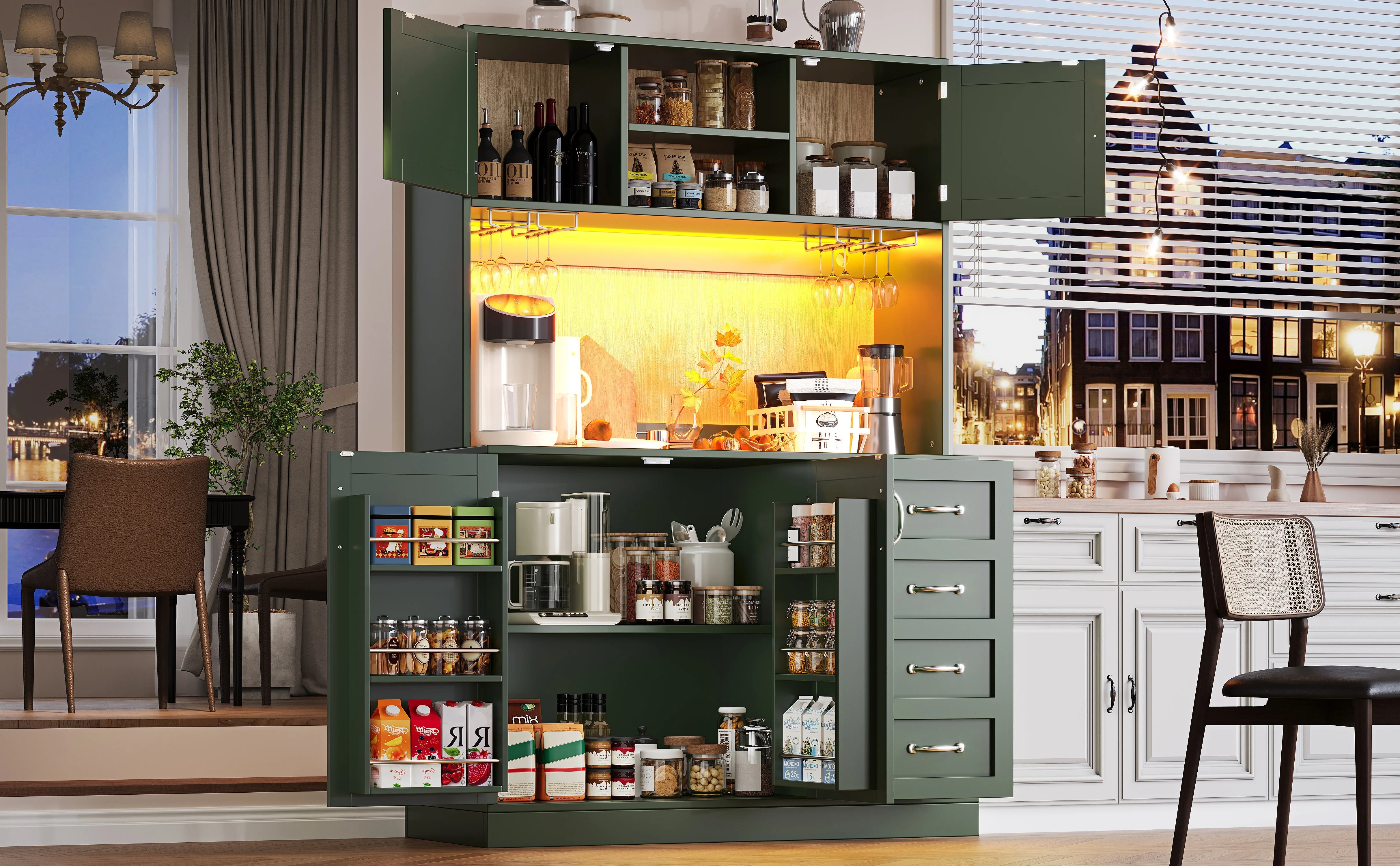 Sideboard with LED Lighting and Drink Holders, Green and White - Image 7