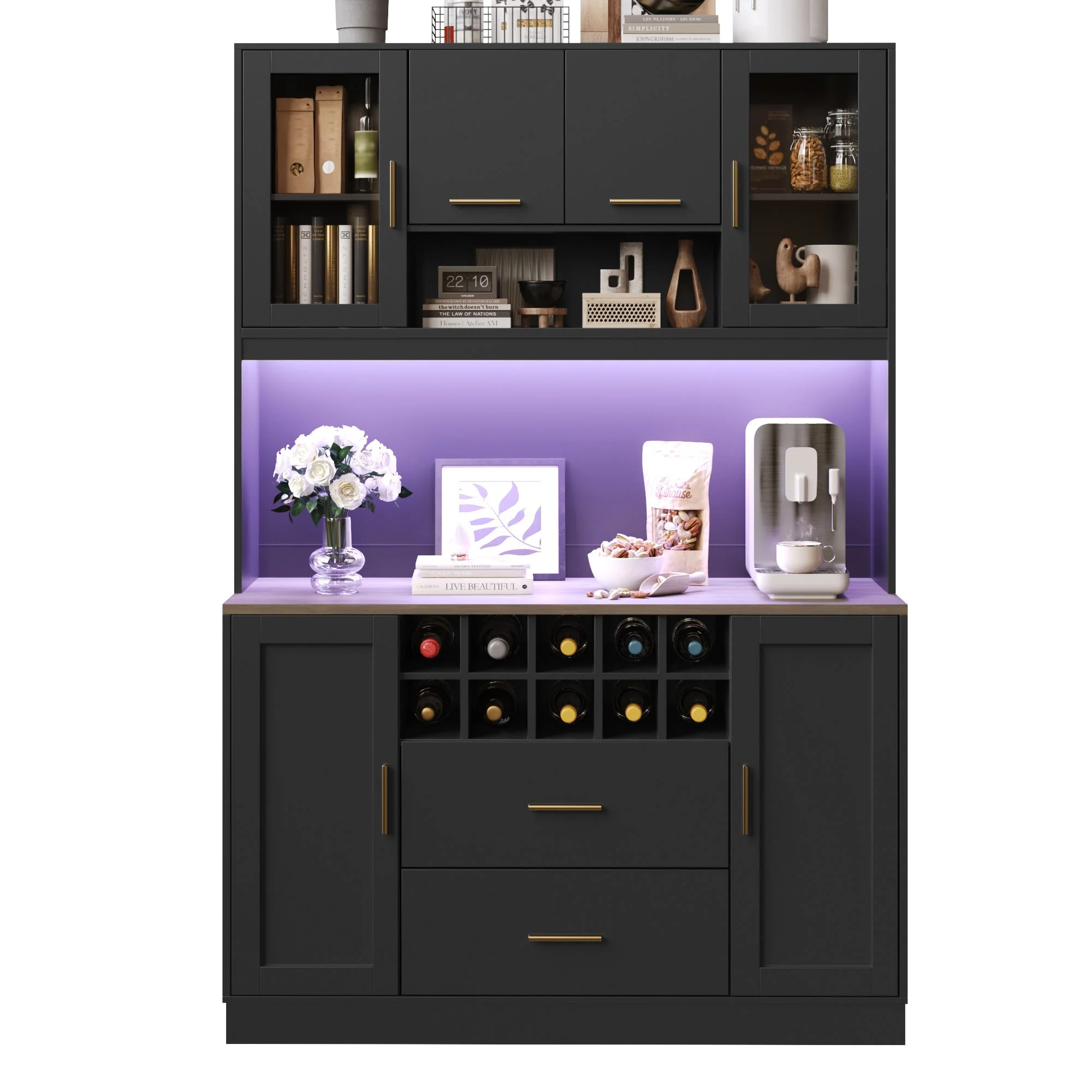 Sideboard with LED Lighting and Power Socket, 6 Doors and 2 Drawers, Black and Gold - Image 10