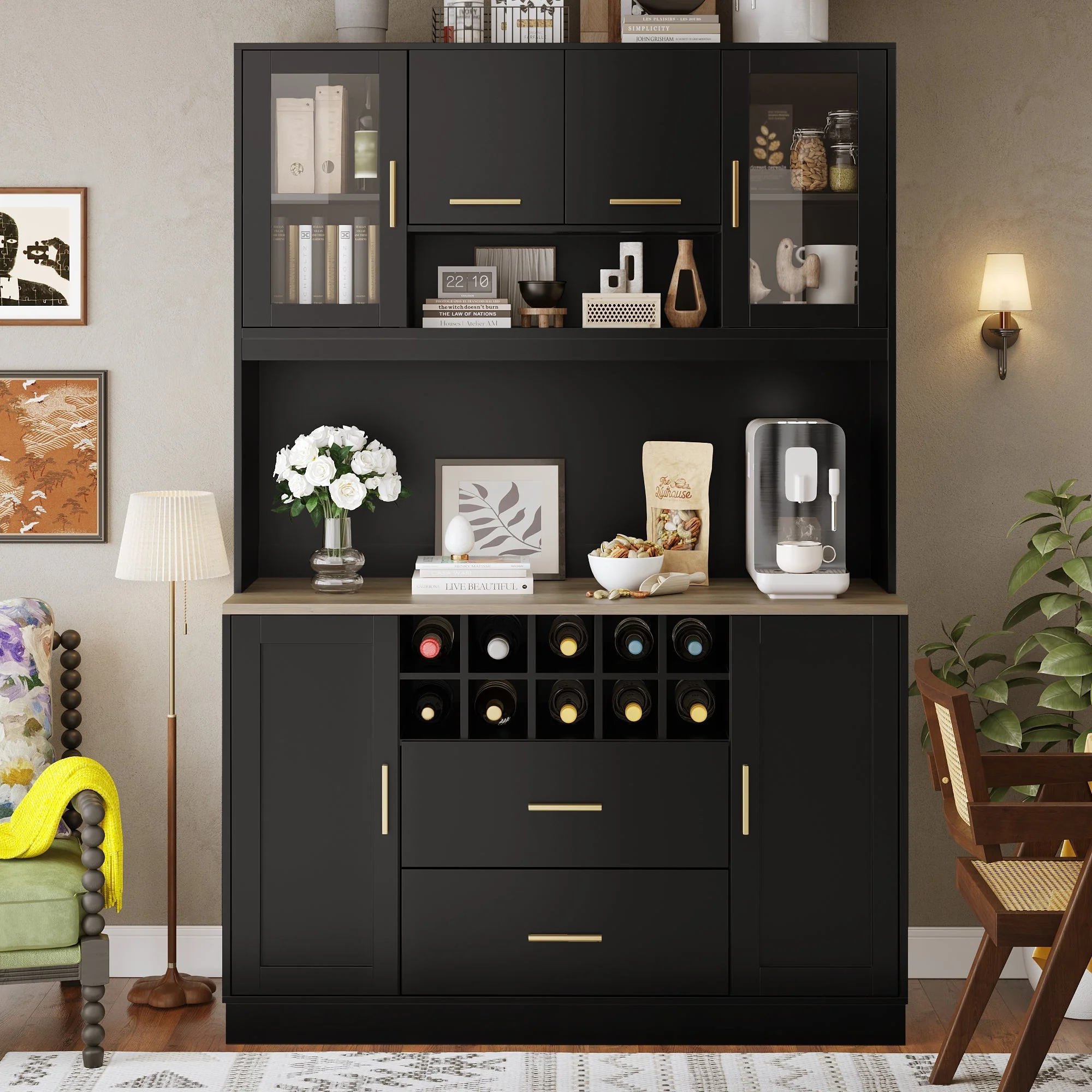 Sideboard with LED Lighting and Power Socket, 6 Doors and 2 Drawers, Black and Gold - Image 6