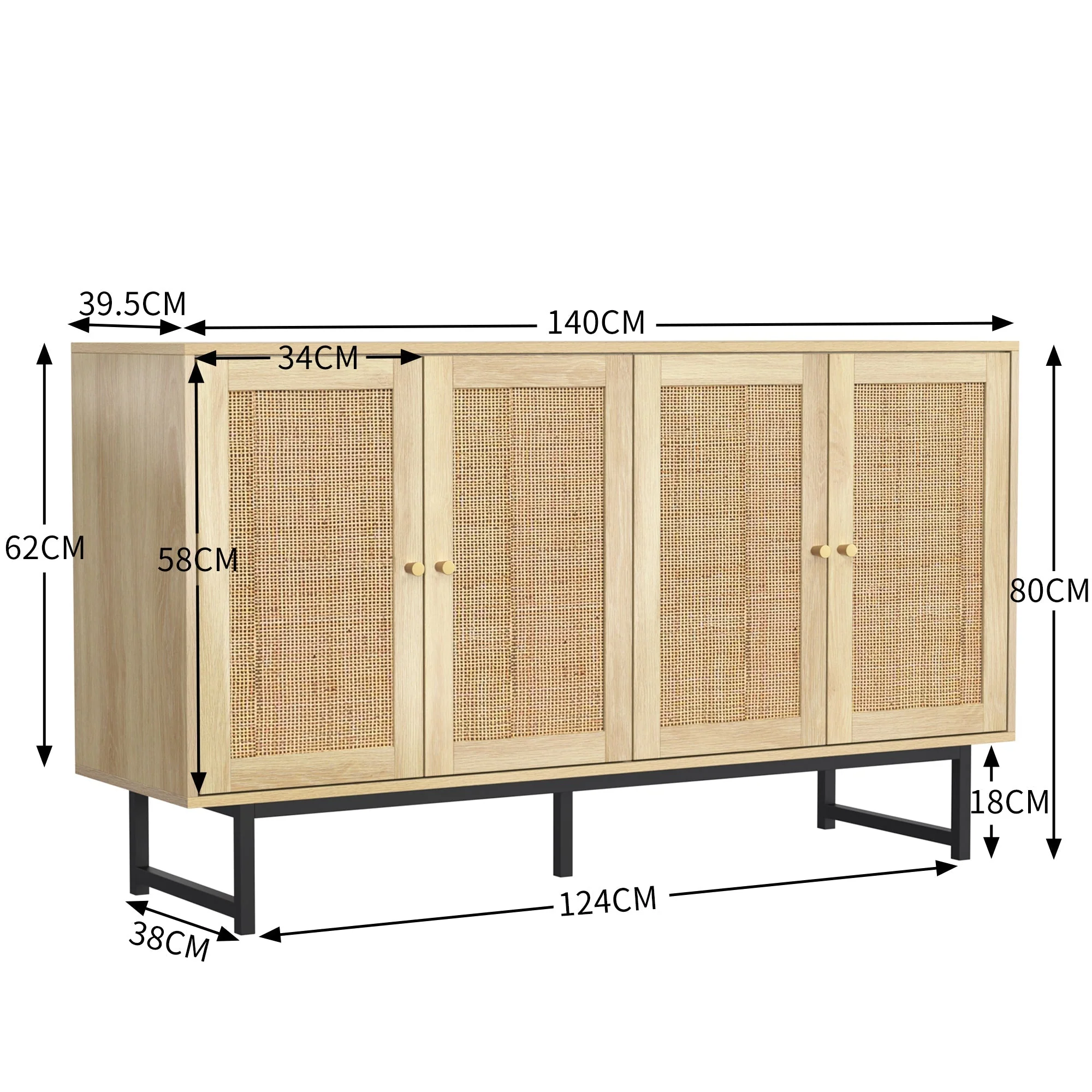 Sideboard with Real Rattan Weave, 4 Doors, 140x39.5x80 cm - Image 5