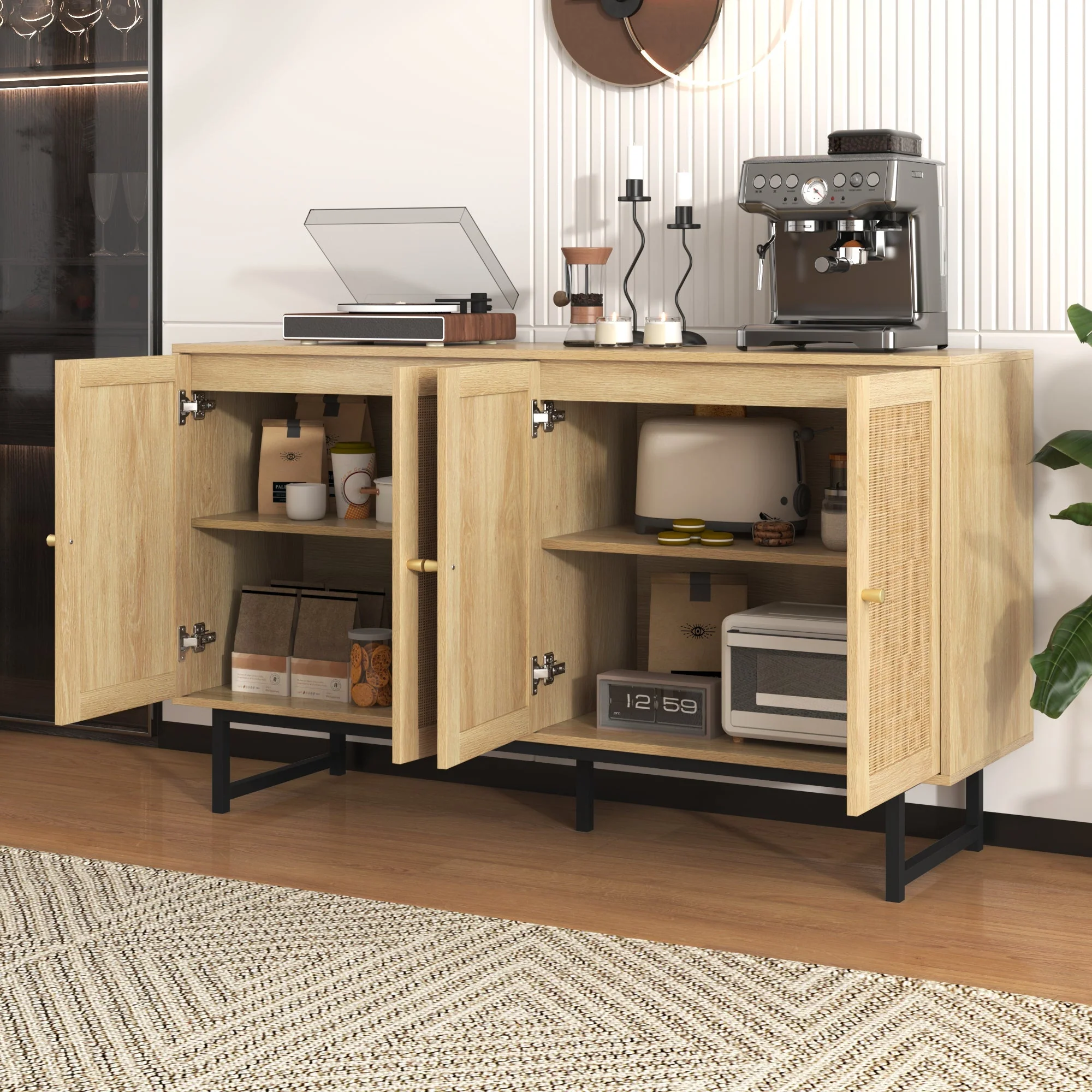 Sideboard with Real Rattan Weave, 4 Doors, 140x39.5x80 cm - Image 7