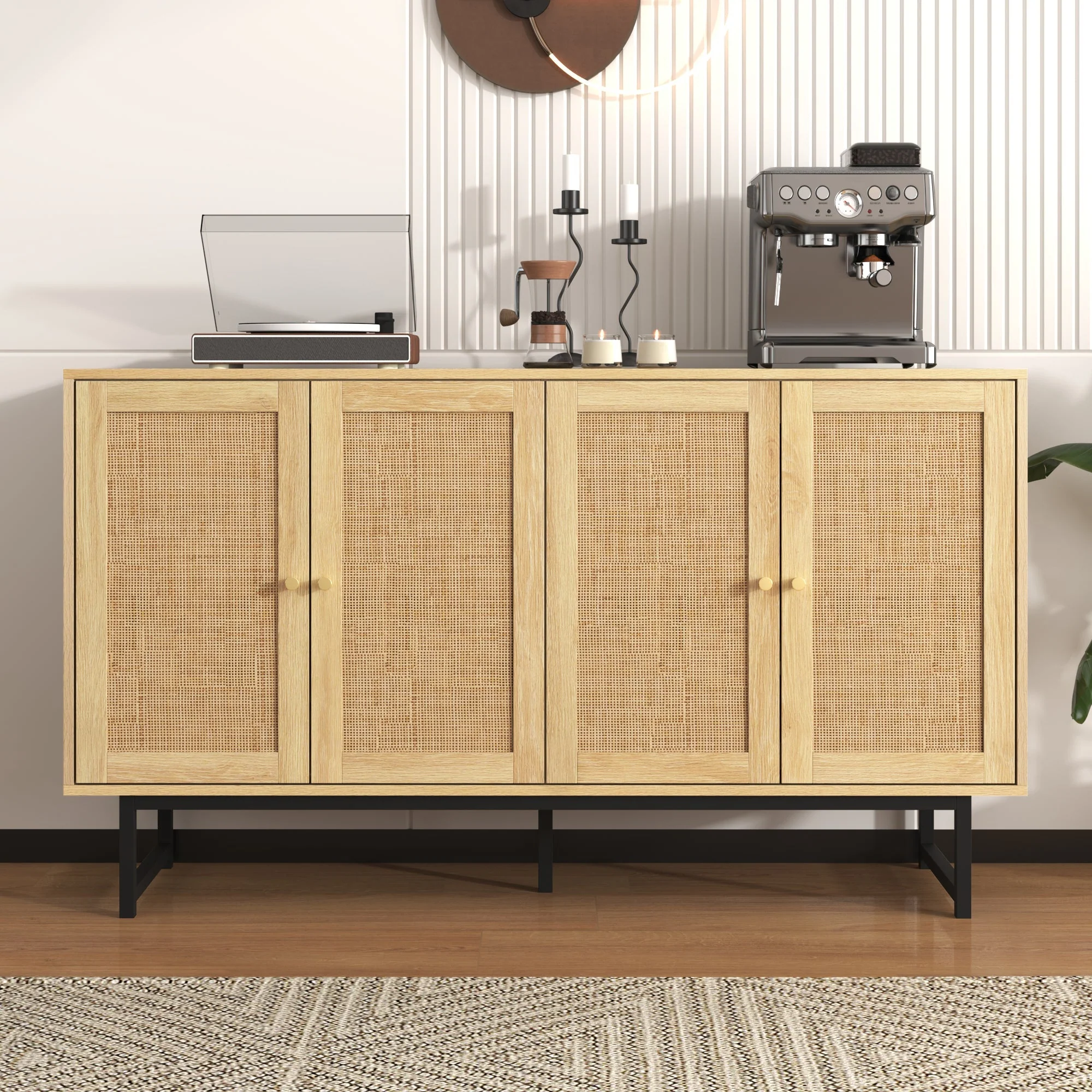 Sideboard with Real Rattan Weave, 4 Doors, 140x39.5x80 cm - Image 8