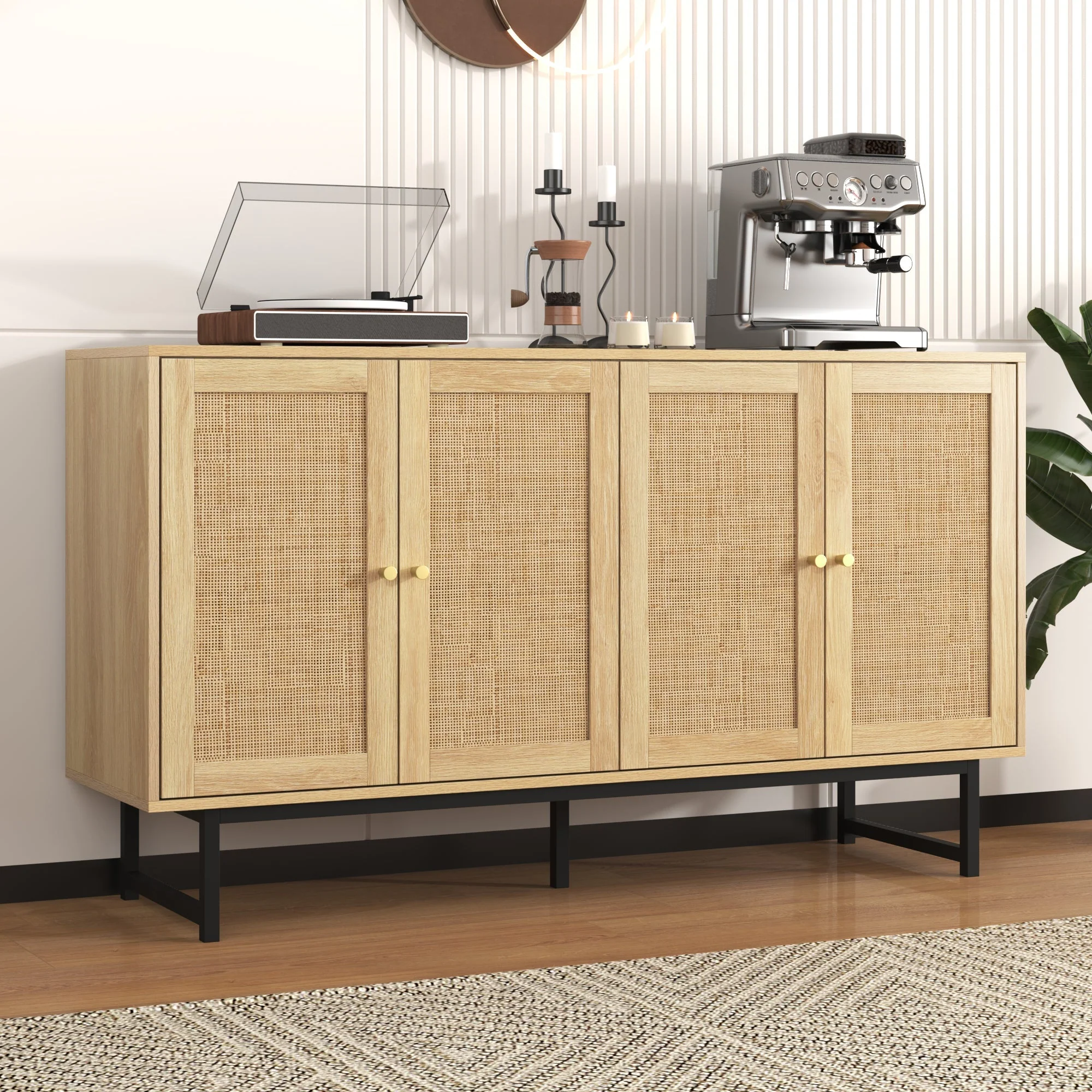 Sideboard with Real Rattan Weave, 4 Doors, 140x39.5x80 cm - Image 9