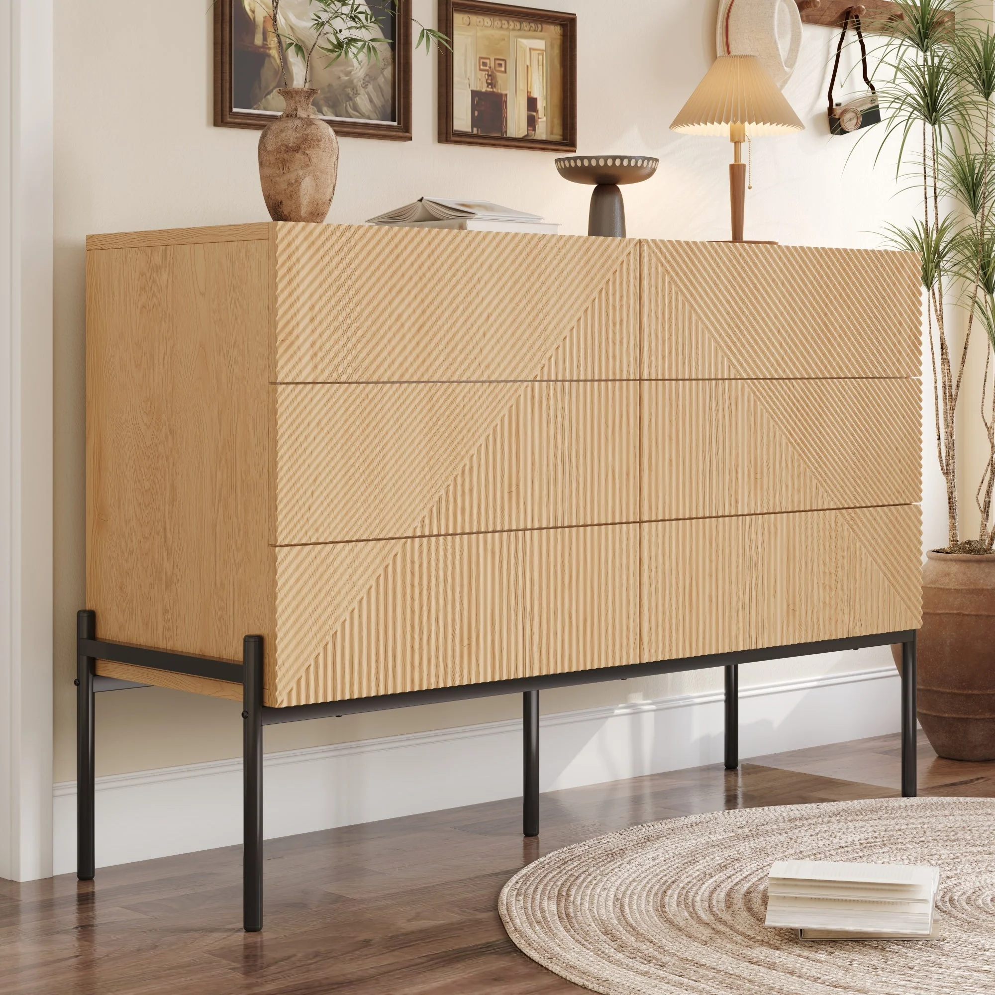 Sideboard with Six Drawers and 3D Geometric Texture, Multifunctional Storage for Living and Dining Room, Wood and Metal - Image 3