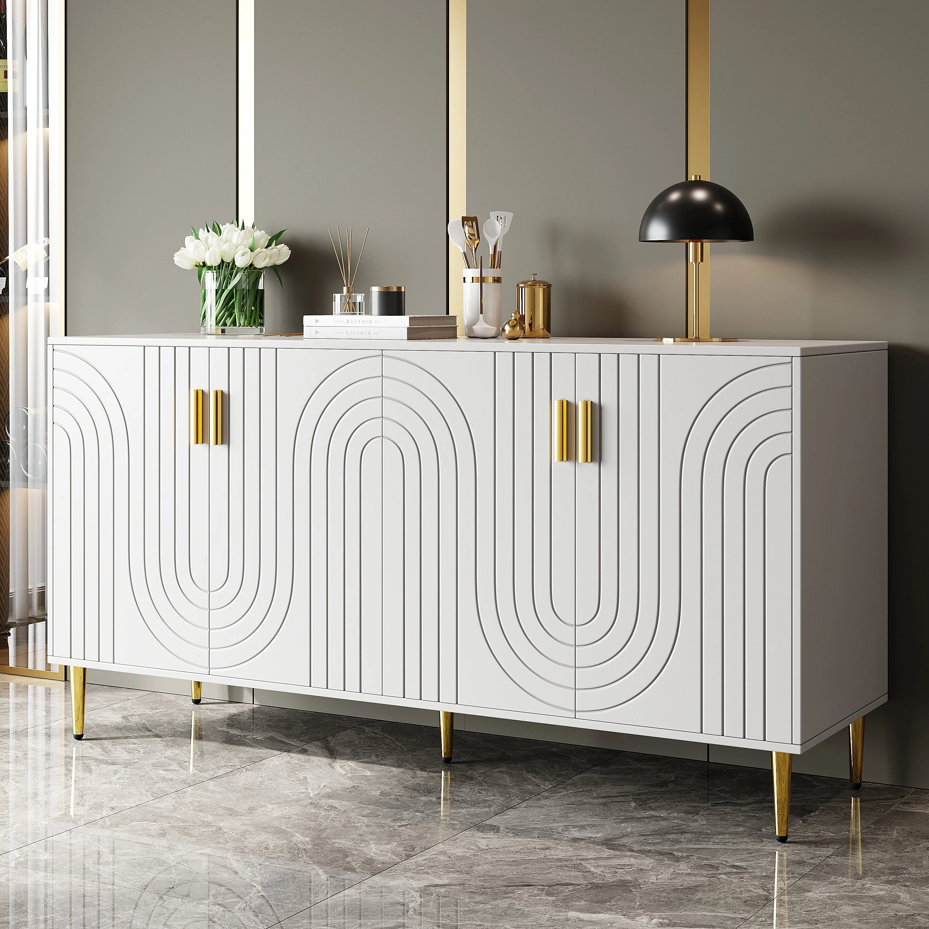 Sideboard with Wave Design, Golden Handles and Feet, 152 x 40 x 75 cm, White - Image 3