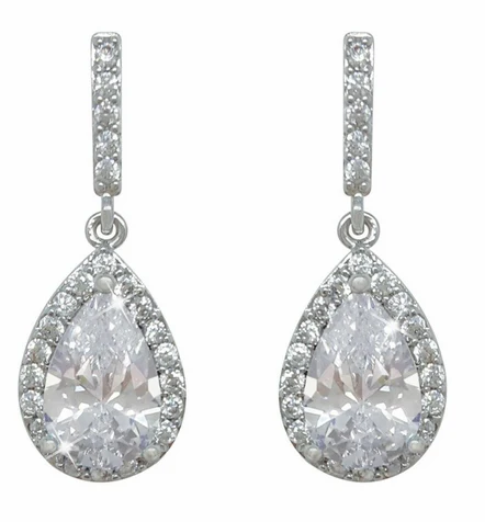 Silver Pear Earrings - White