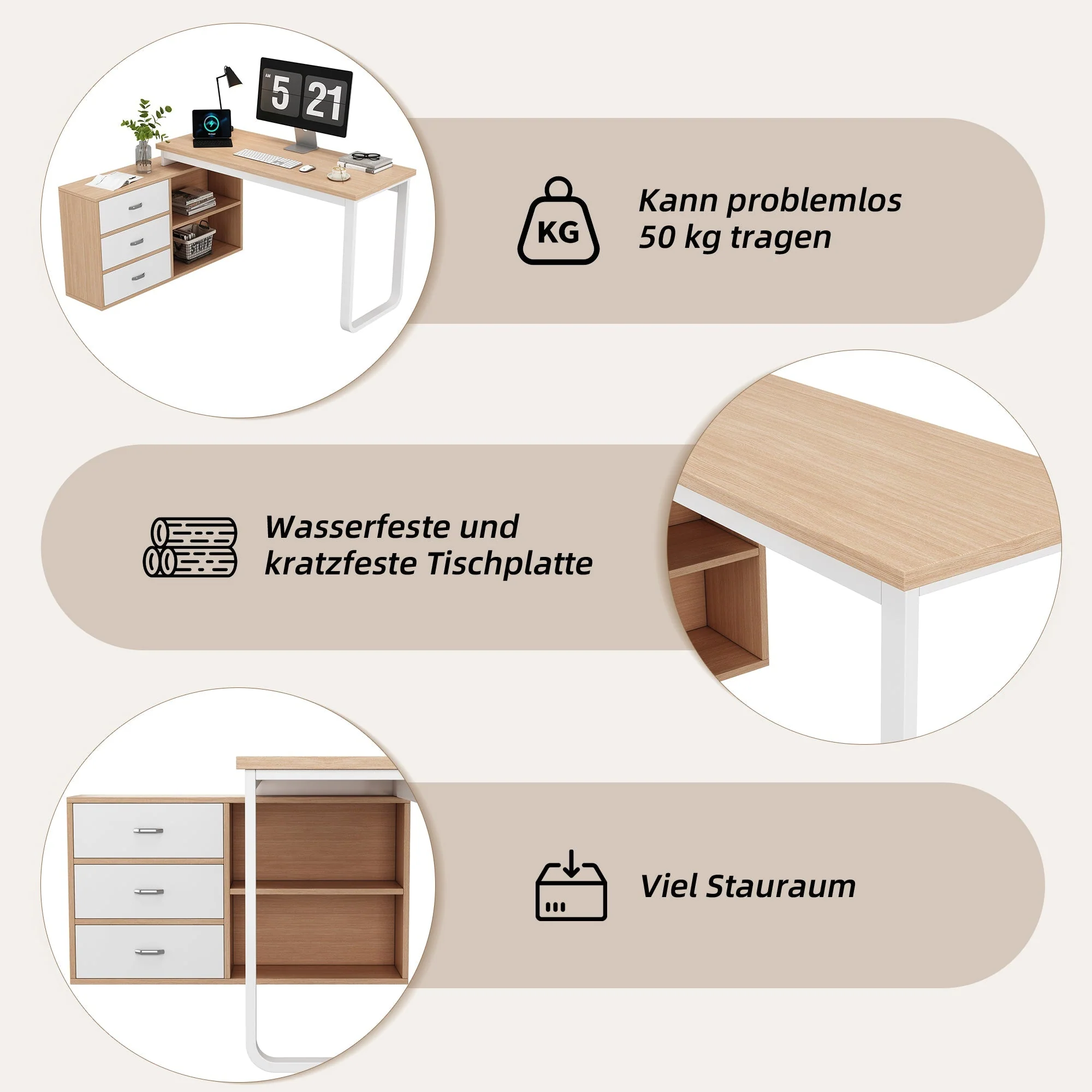 Simple Office Desk with 3 Drawers, 2 Open Shelves, Steel Frame - Natural - Image 7