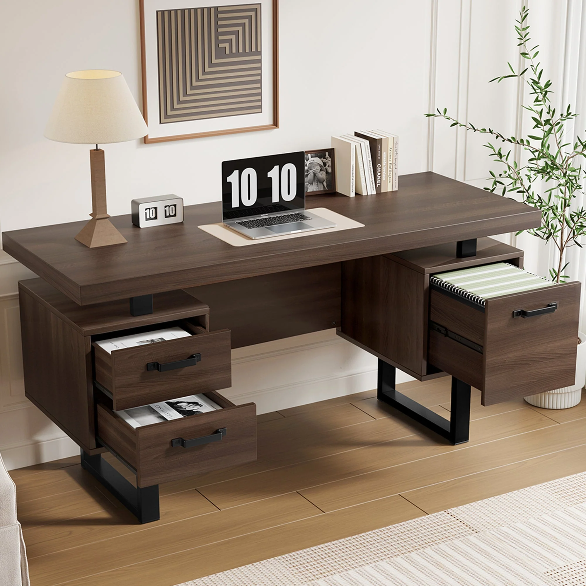 Simple Office Desk with Silent Drawer and File Drawer, 135 x 54 cm, Brown