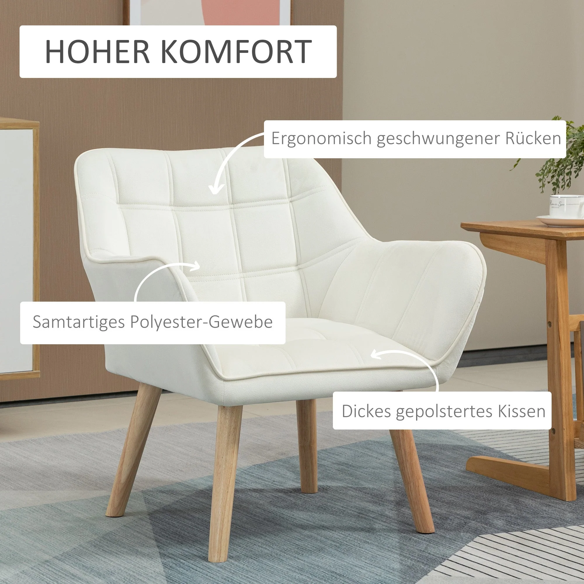 Single Armchair, Raised Legs, Upholstered, Cream - Image 4