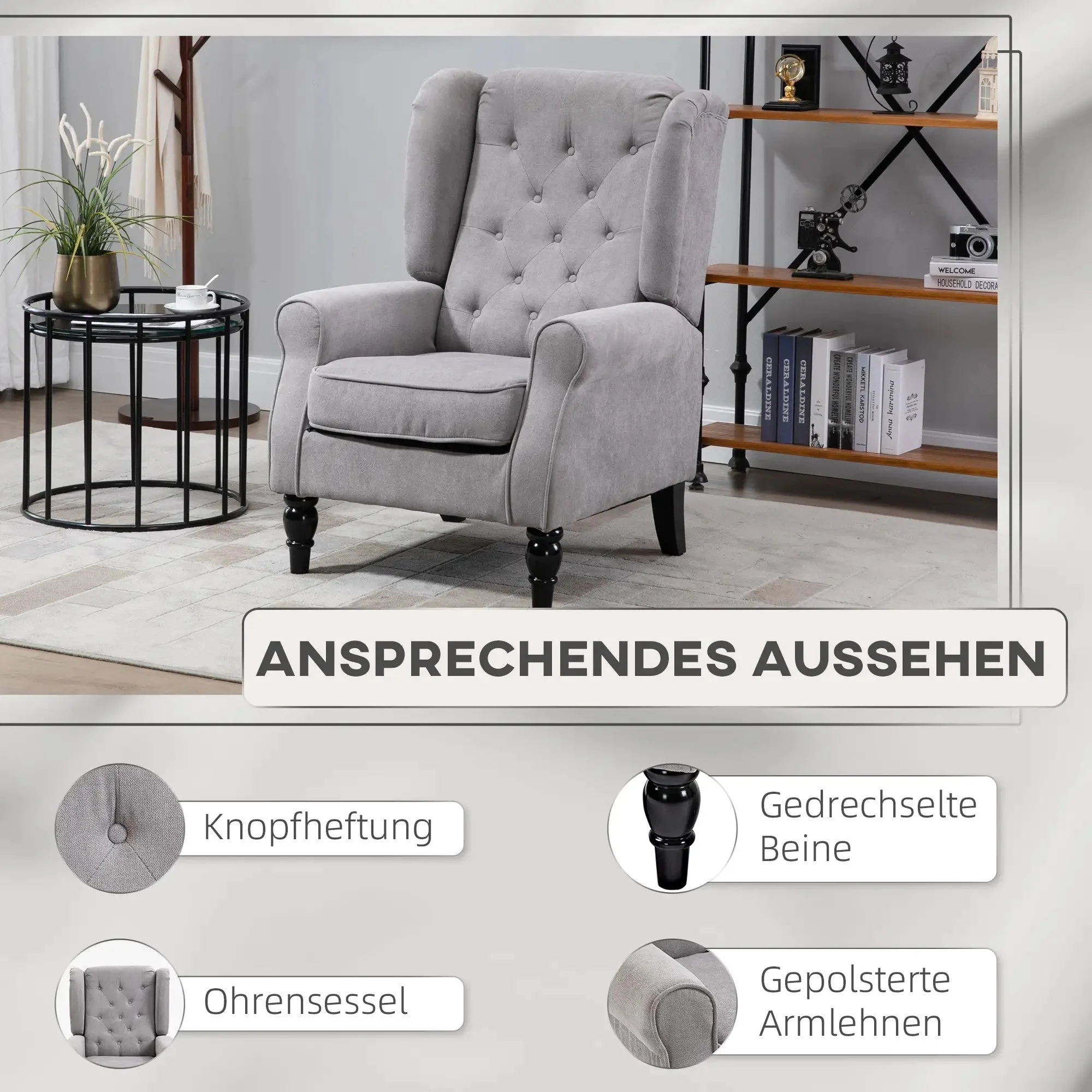 Single armchair, wing chair accent chair with tufting wooden feet, polyester grey - Image 4