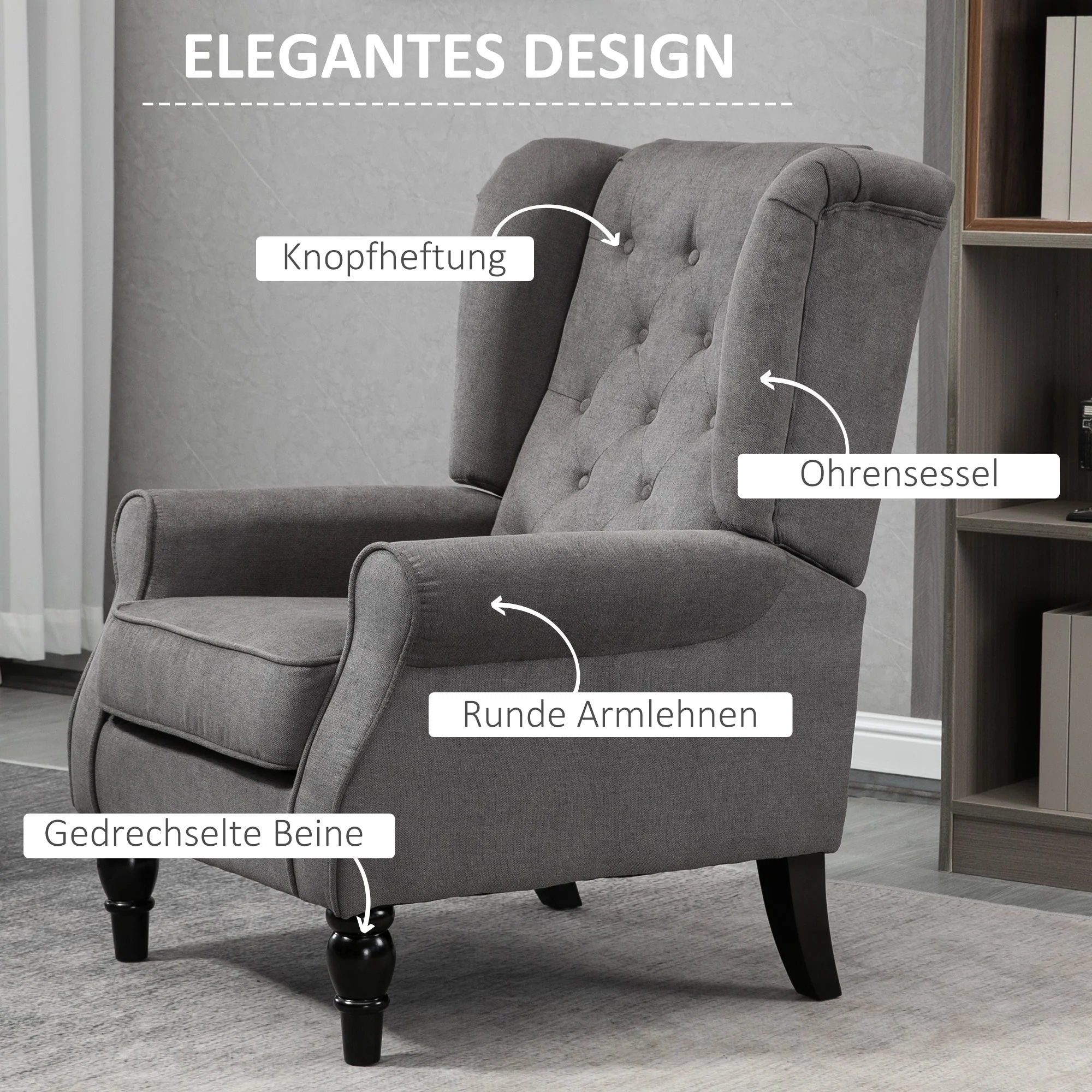 Single Armchair, Wingback Chair, Tufted, Dark Grey Polyester - Image 4