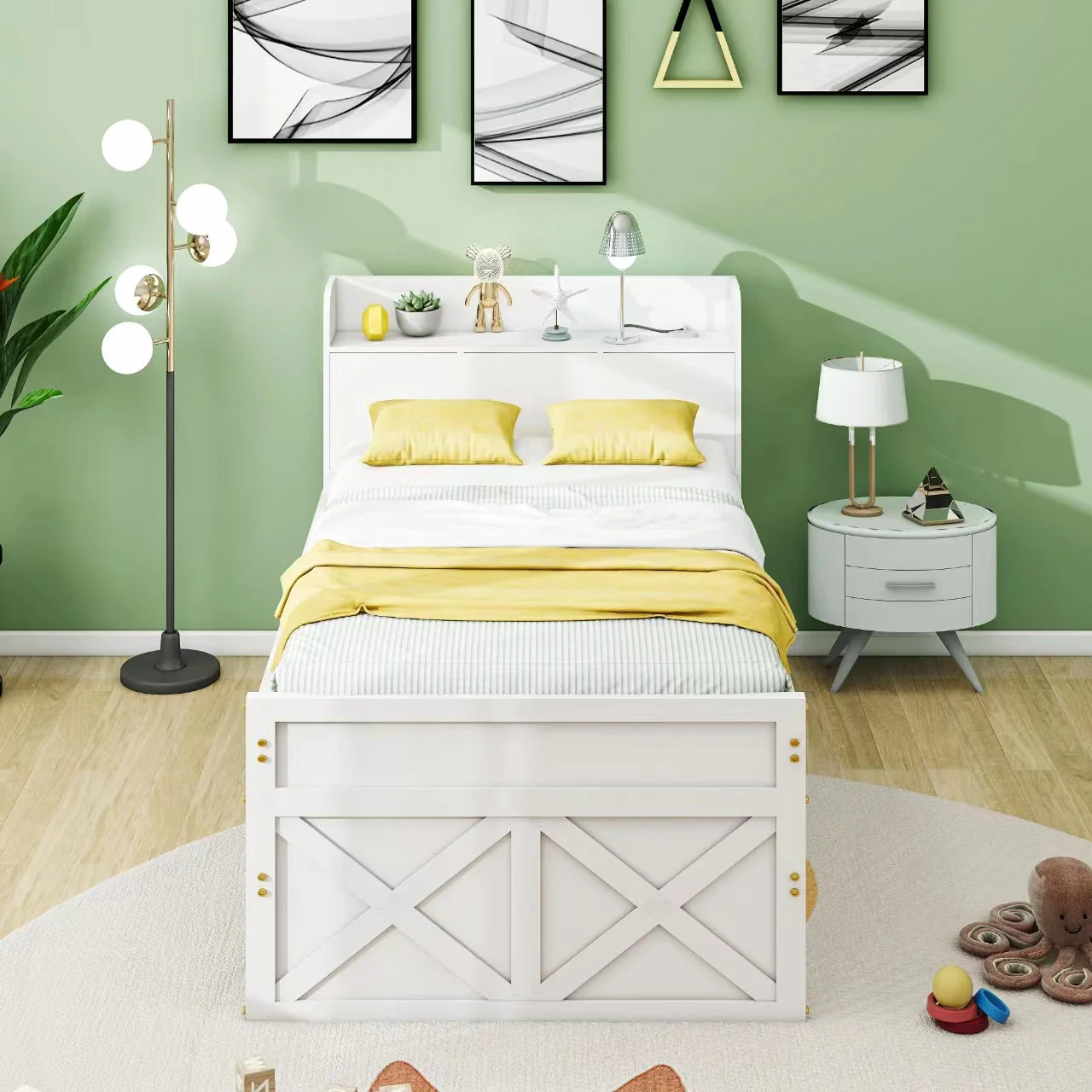 Single Bed 90x190cm Multifunctional Pull-out Drawer Bedside Table USB - Solid Pine Wood White - Image 3
