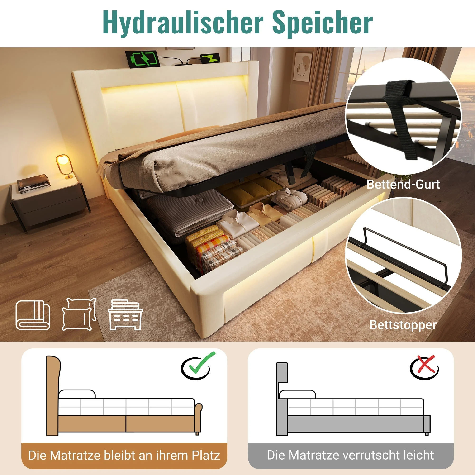 Single Bed 90x200 cm with Hydraulic Storage, LED Lighting, USB Ports and Mattress, Beige Velvet - Image 5