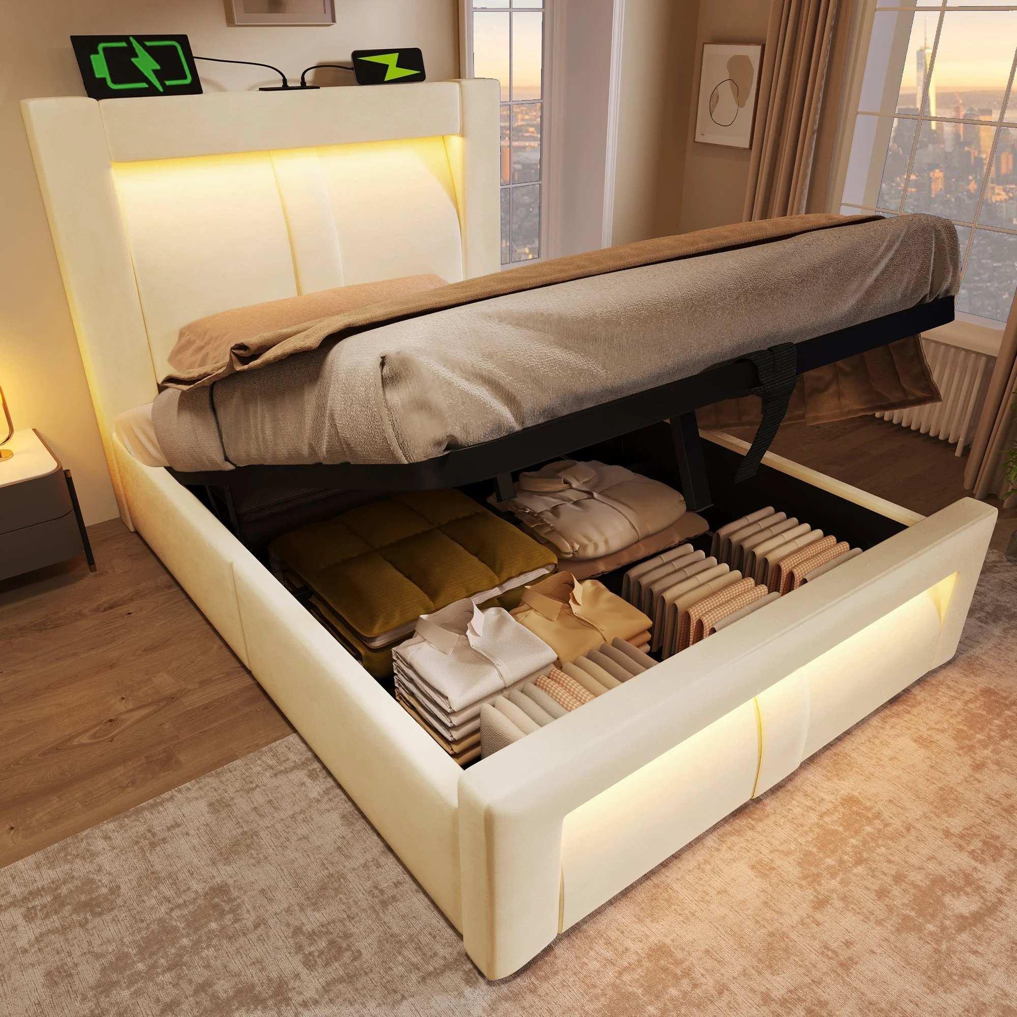Single Bed 90x200 cm with Hydraulic Storage, LED Lighting, USB Ports and Mattress, Beige Velvet - Image 7