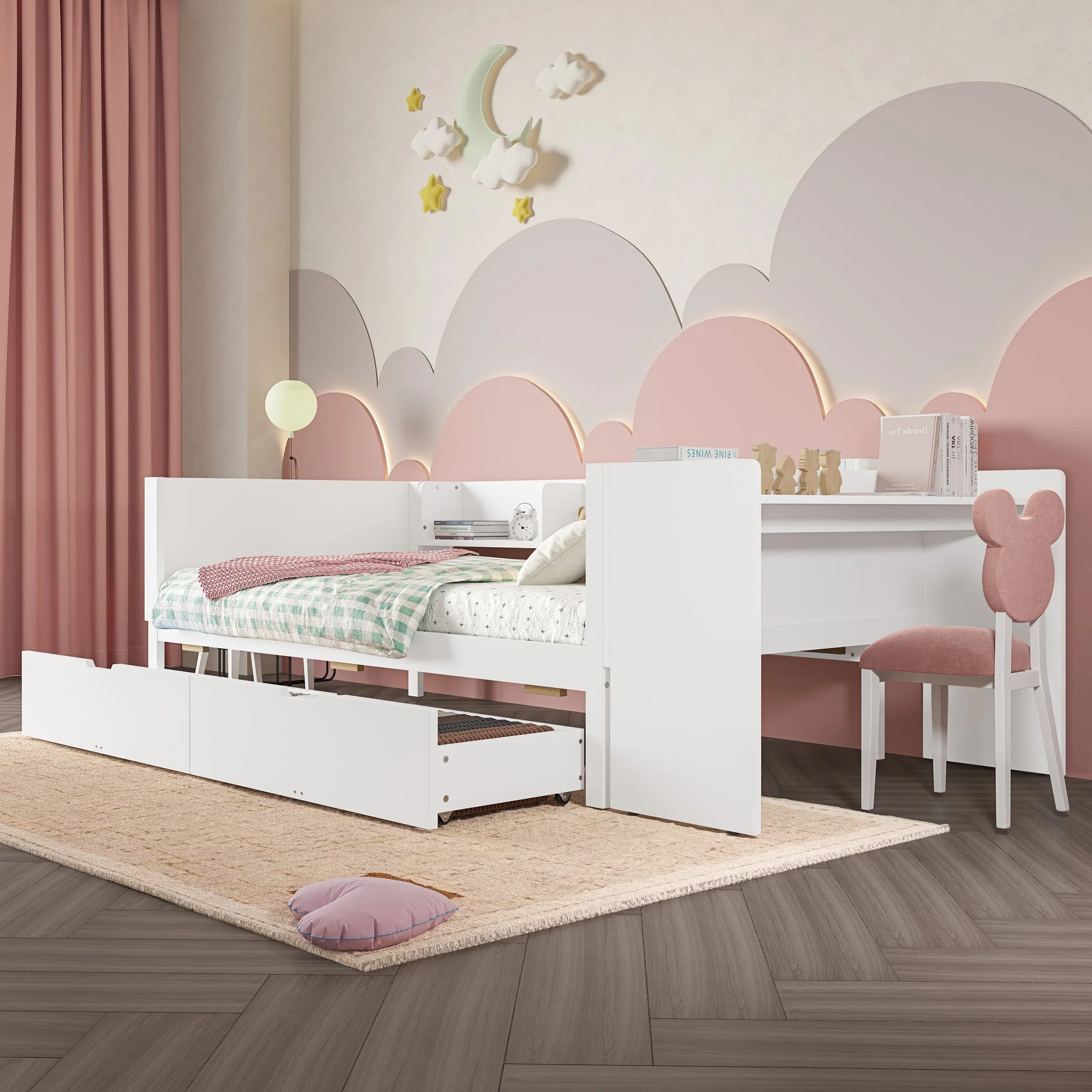 Single Bed 90x200cm Desk 2 Drawers Shelves - White Wood - Image 4