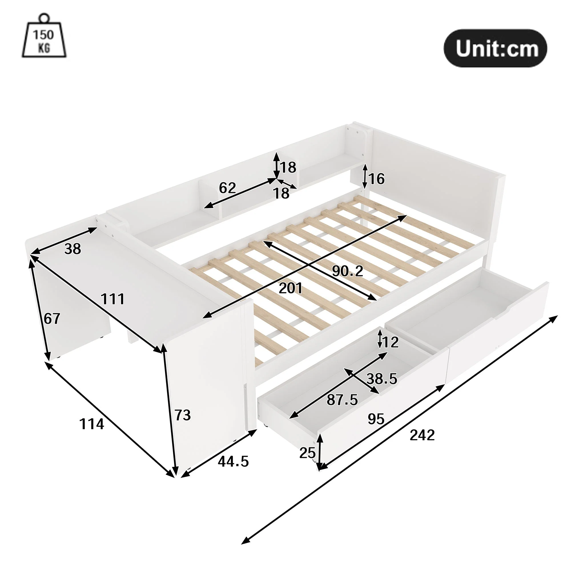 Single Bed 90x200cm Desk 2 Drawers Shelves - White Wood - Image 7