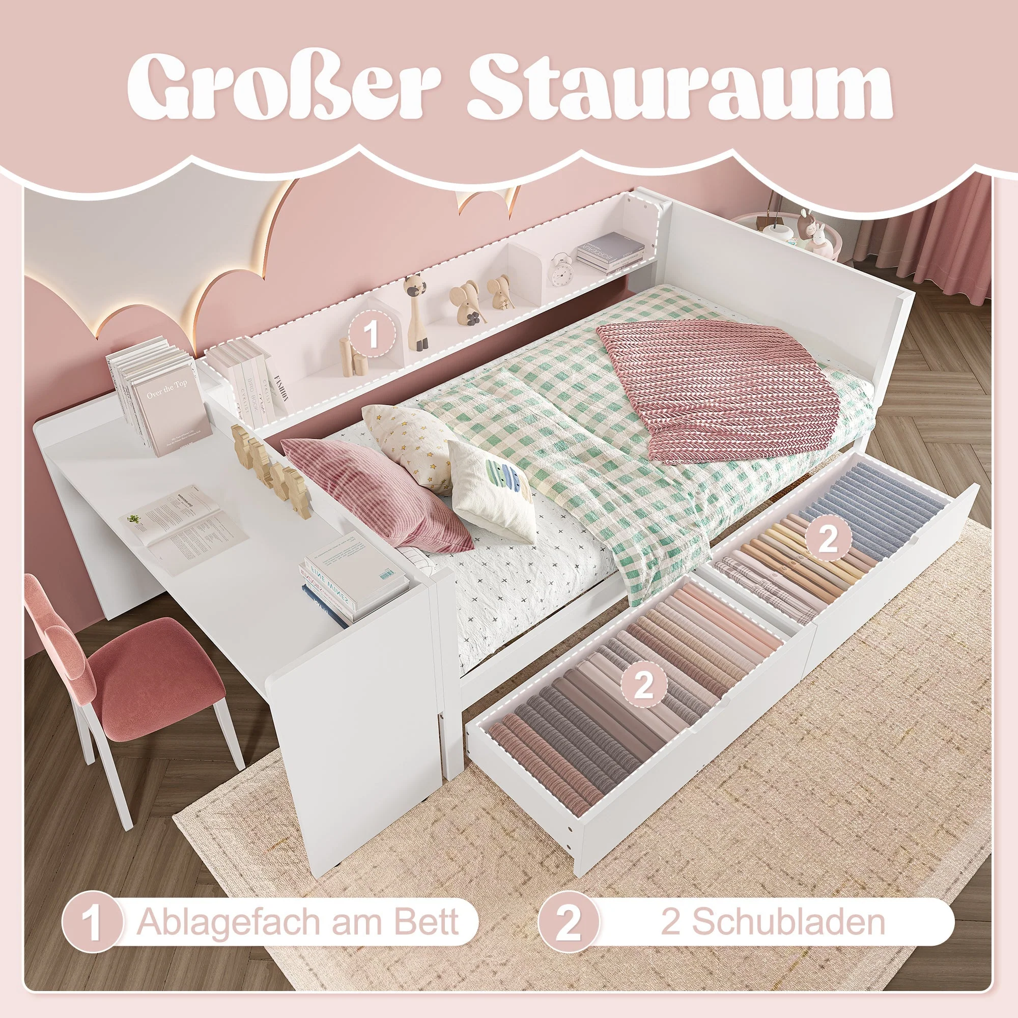 Single Bed 90x200cm Desk 2 Drawers Shelves - White Wood - Image 9
