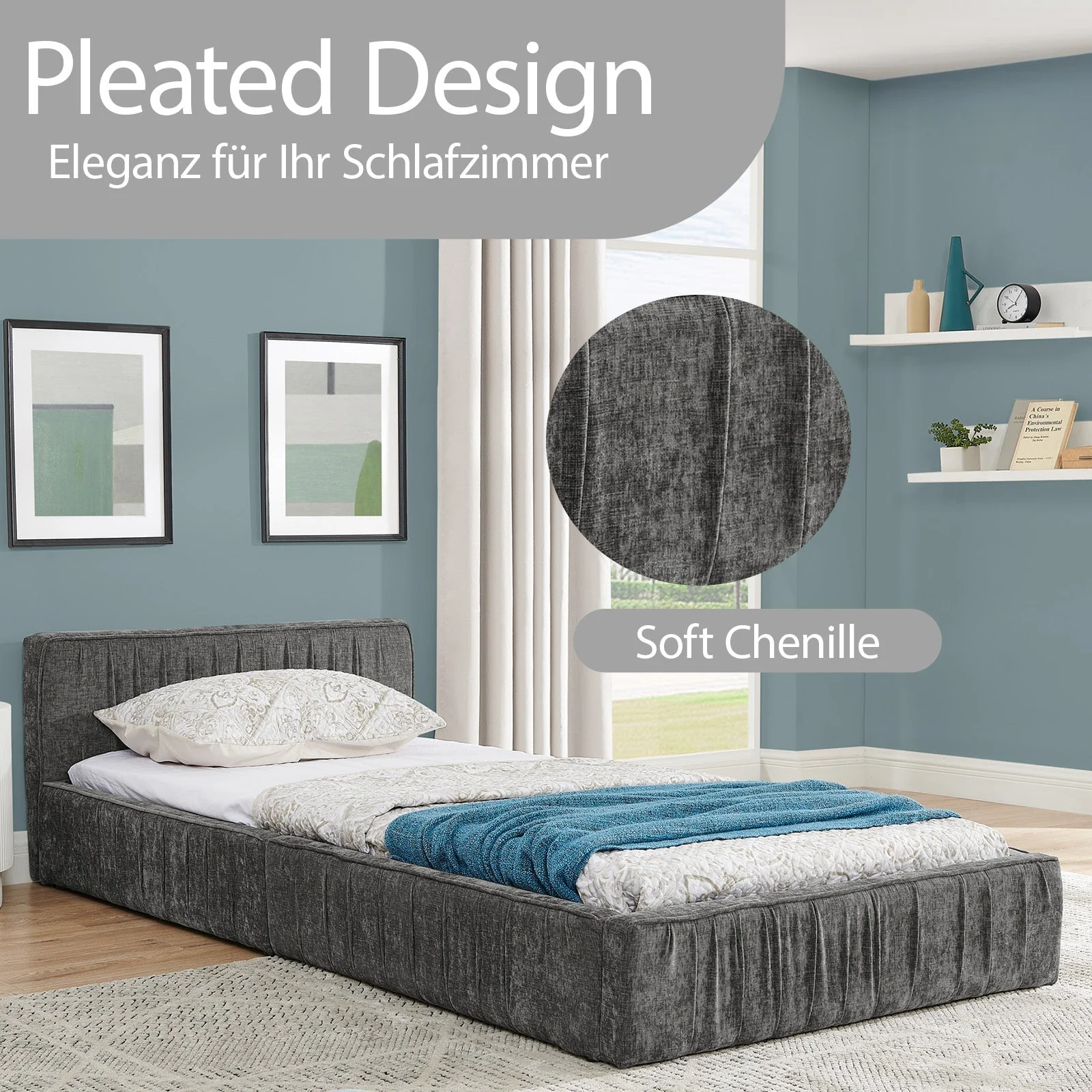 Single Bed 90x200cm Eucalyptus Wood Frame, Chenille Dark Grey - Image 5