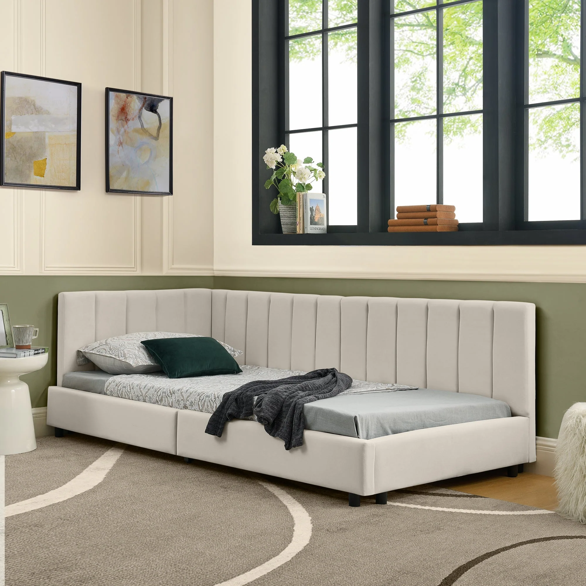 Single Bed 90x200cm High Backrest, Velvet Beige - Image 5
