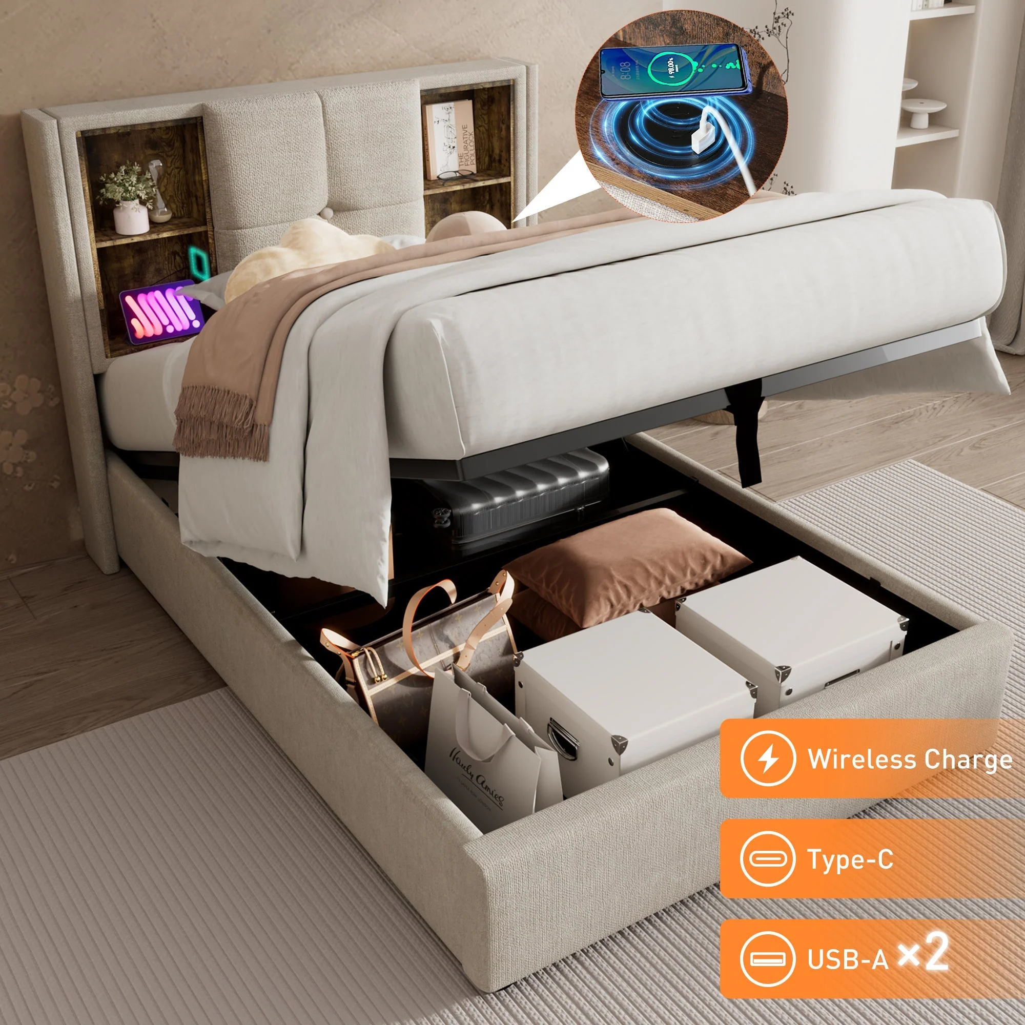 Single Bed, 90x200cm Upholstered with Wireless USB-C Charging, Storage & Wood Slats, Natural Linen - Image 2