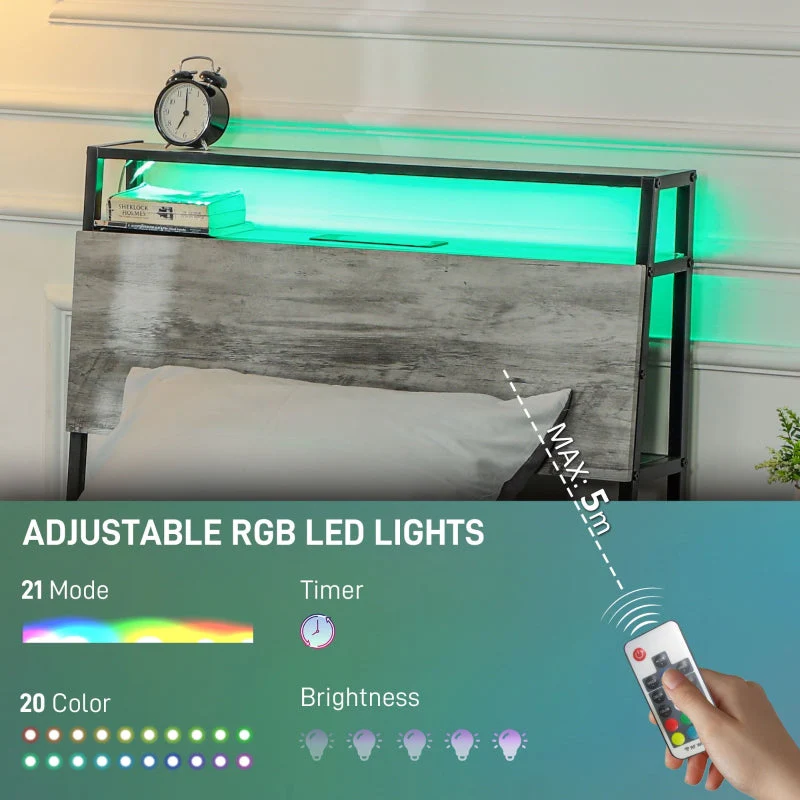 Single Bed Frame with LED Lights and Headboard Shelf, Steel Grey - Image 3