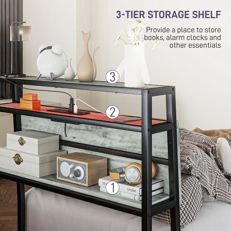 Single Bed Frame with LED Lights and Headboard Shelf, Steel Grey - Image 5