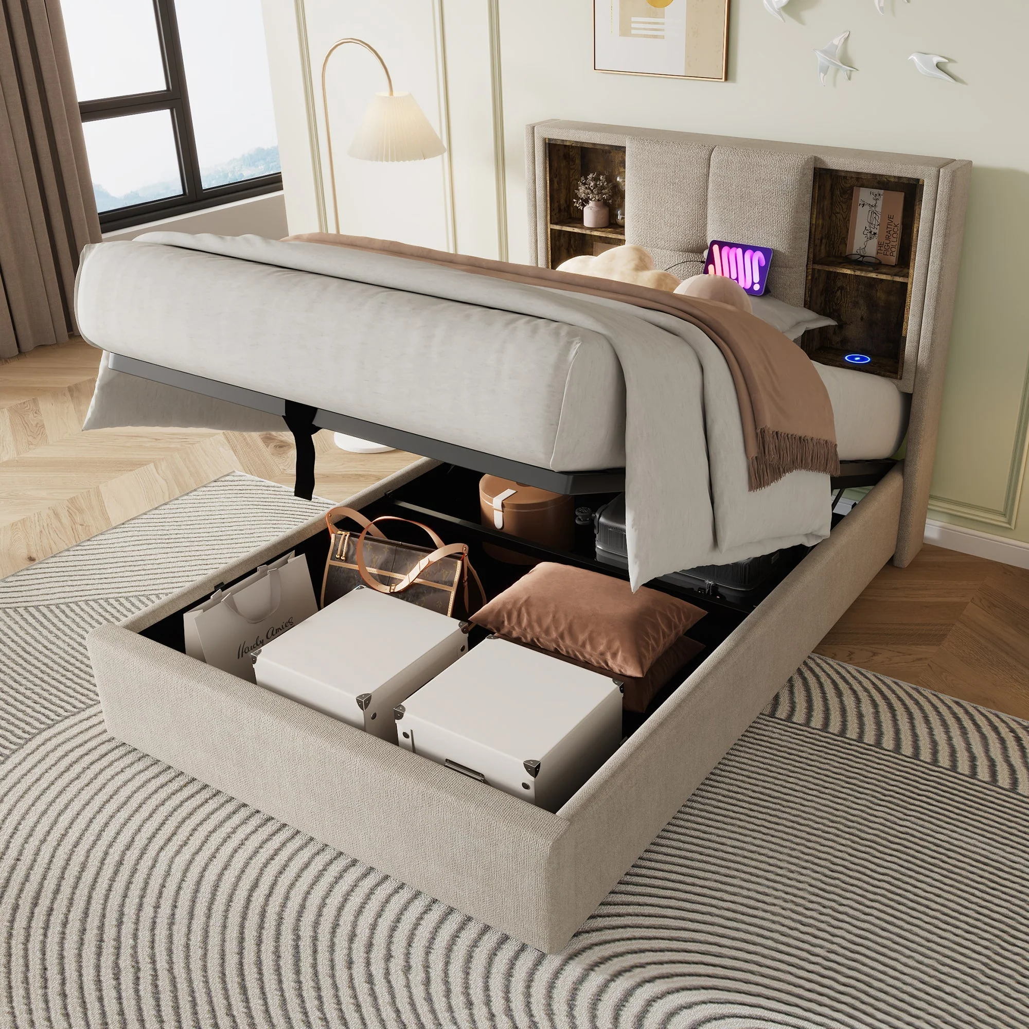 Single Bed, Wireless Charging USB C, Upholstered with Storage, 90x200cm Wood-Natural Linen - Image 4