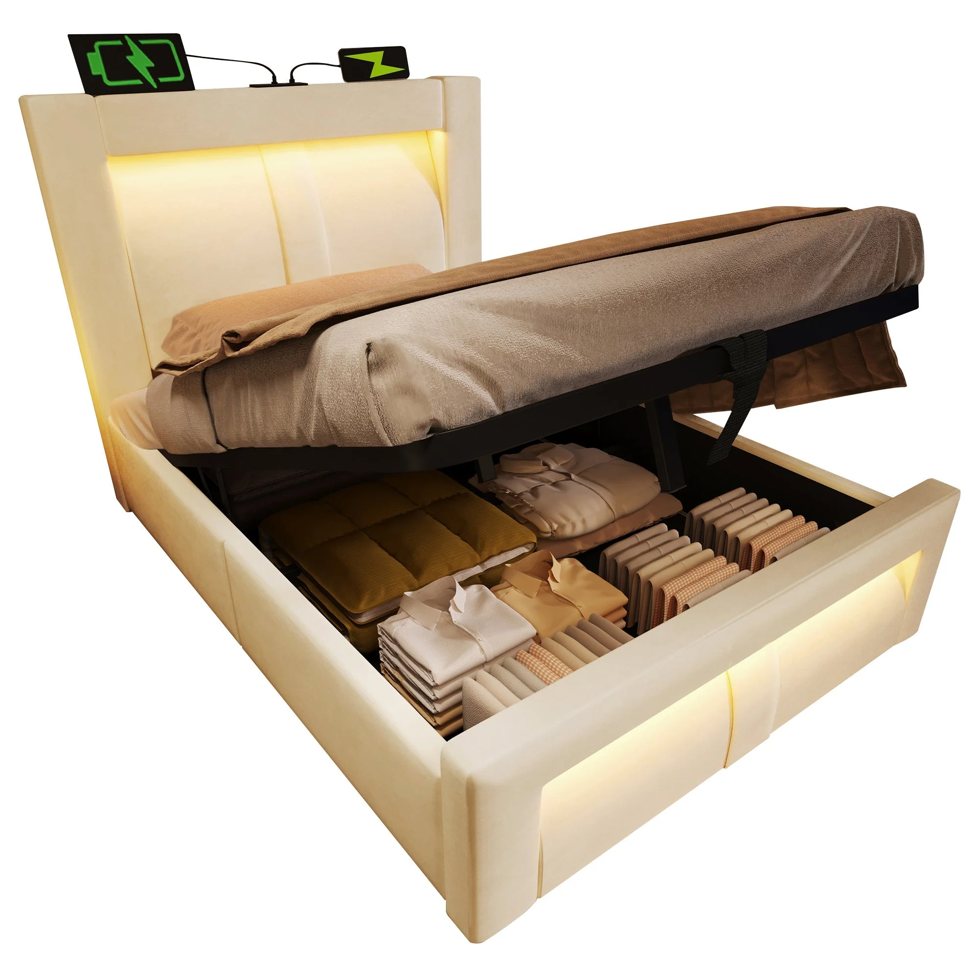 Single Bed with Hydraulic Storage, LED Lighting and Charging Ports, Beige Velvet - Image 6
