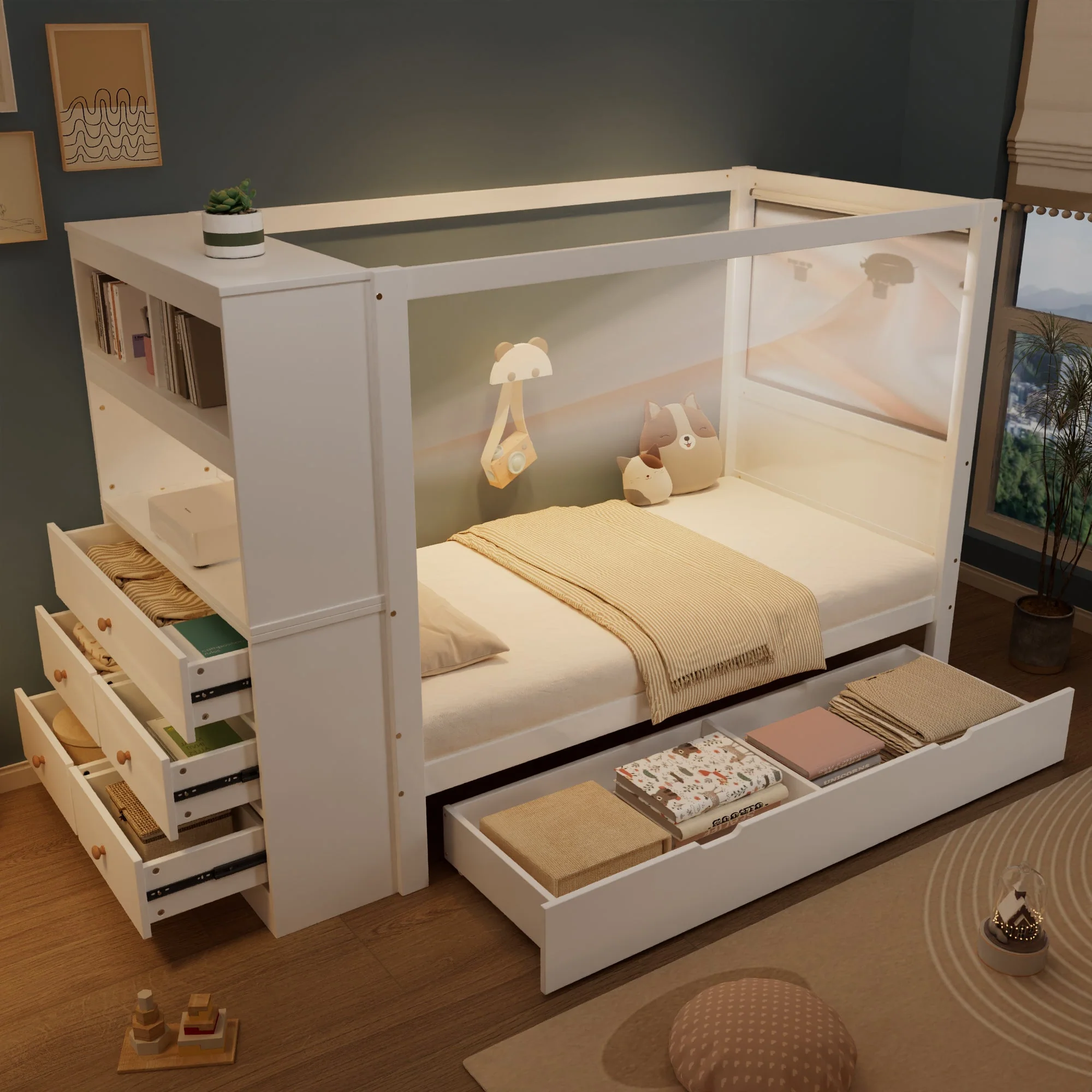 Single bed with safety rail, storage, 5 drawers, white+natural, pine+PB - Image 2