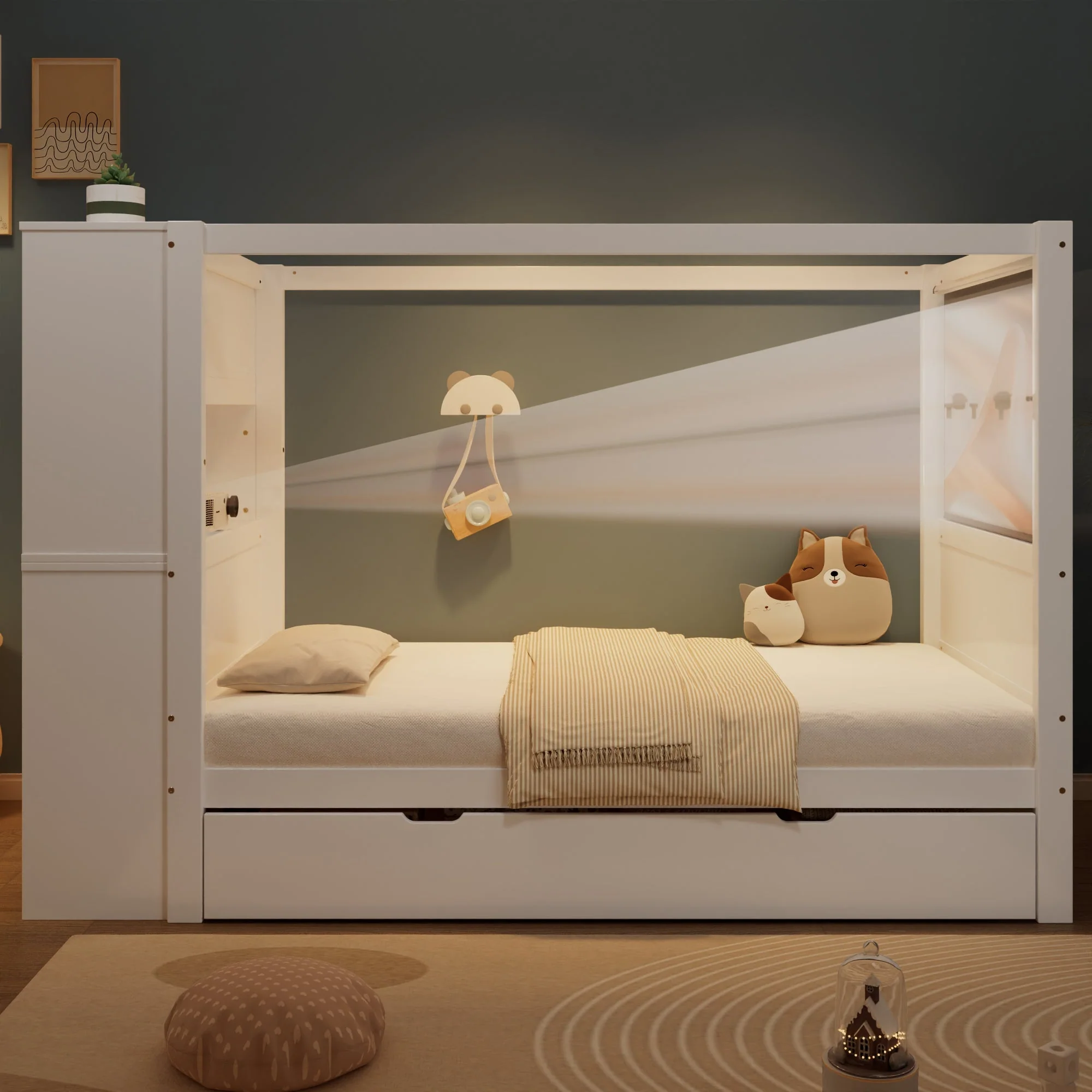 Single bed with safety rail, storage, 5 drawers, white+natural, pine+PB - Image 3