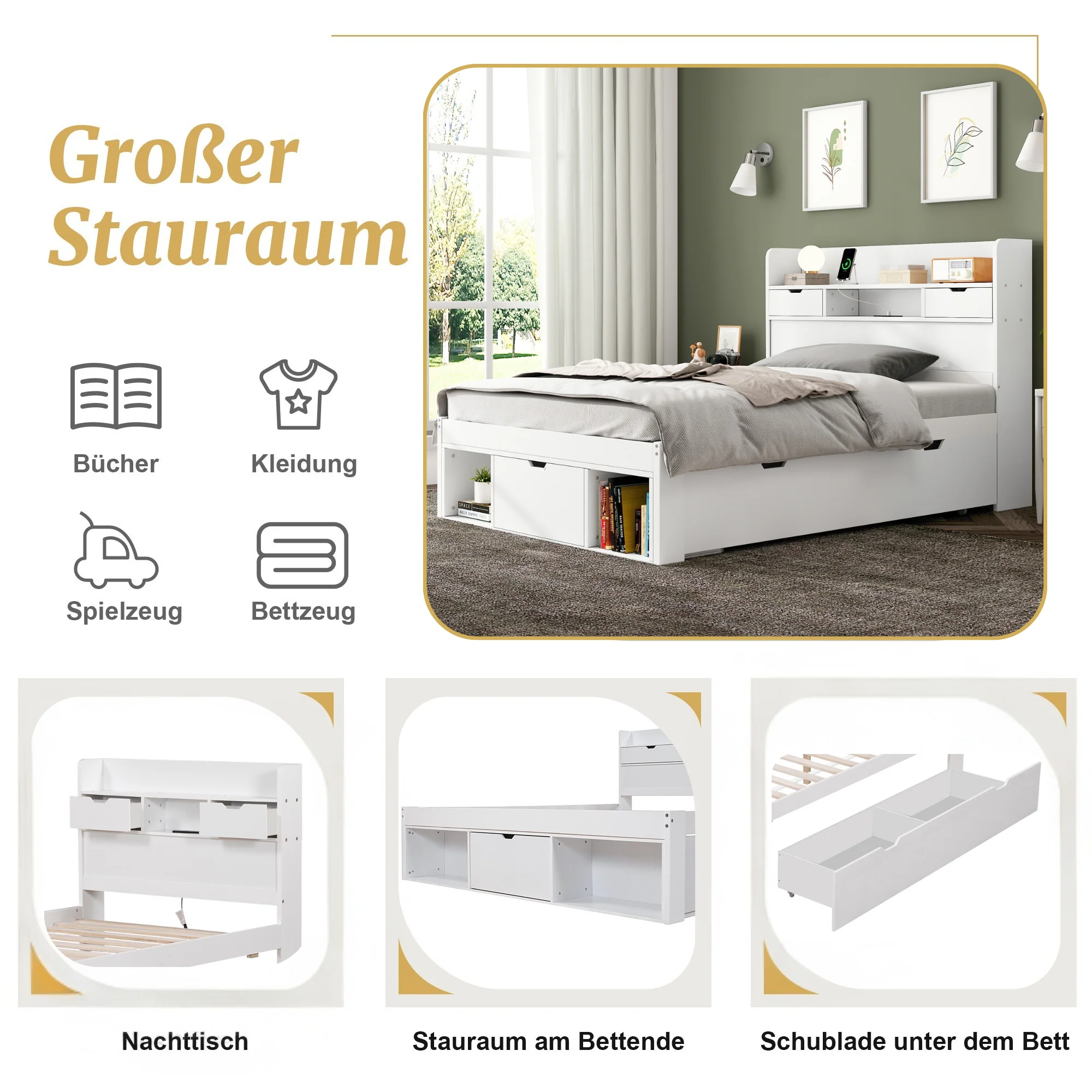 Single Bed with USB Port, Drawers and Storage Cabinet, White - Image 5
