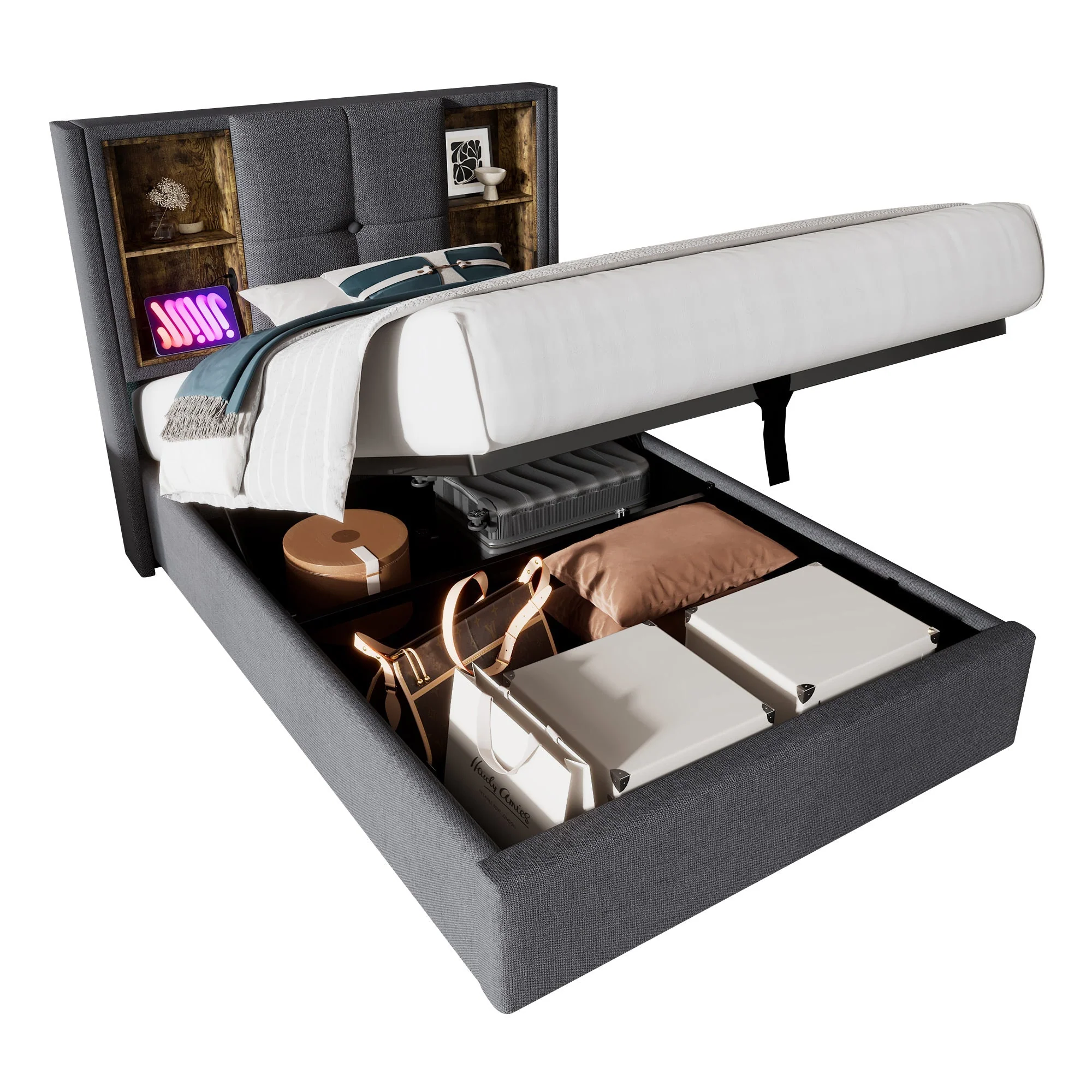 Single Bed with Wireless Charging & Storage, 90x200cm, Grey Cotton - Image 9