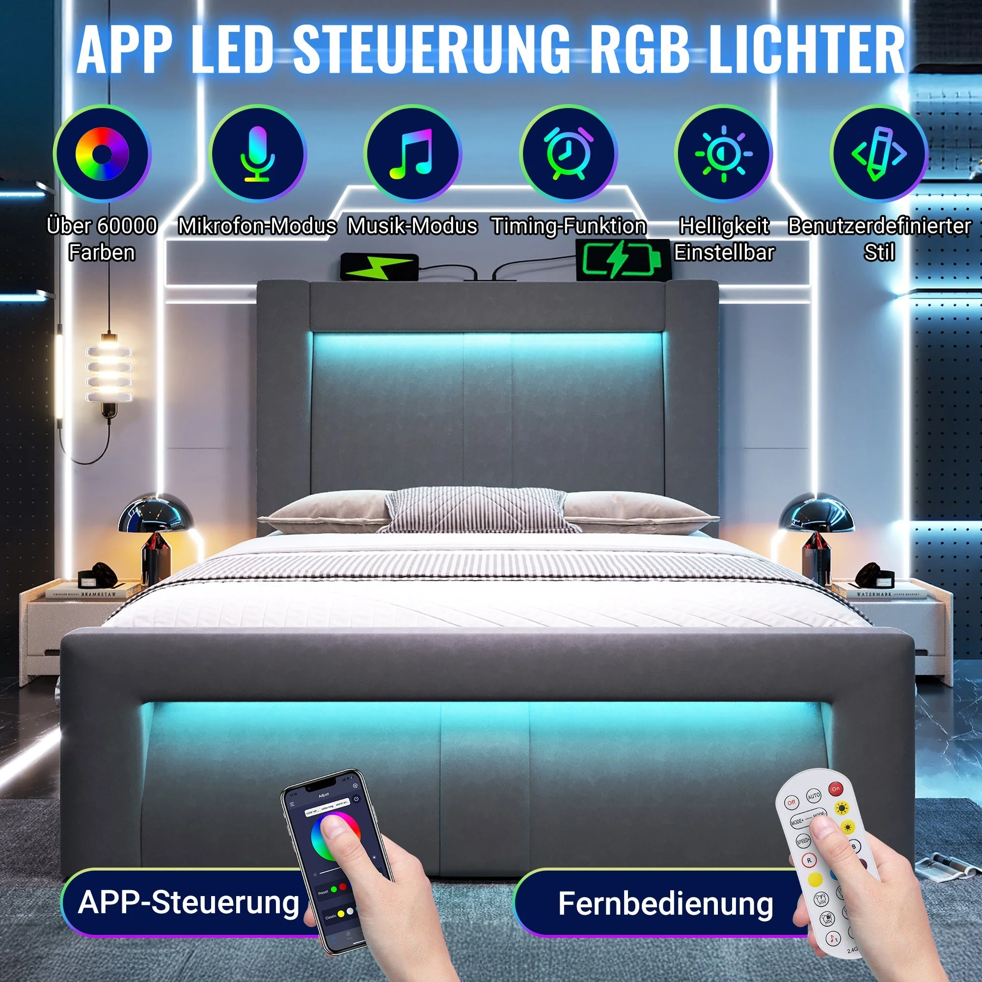Single Hydraulic Bed 90x200 cm with LED, Storage, Charging Ports and Mattress, Grey Velvet - Image 4