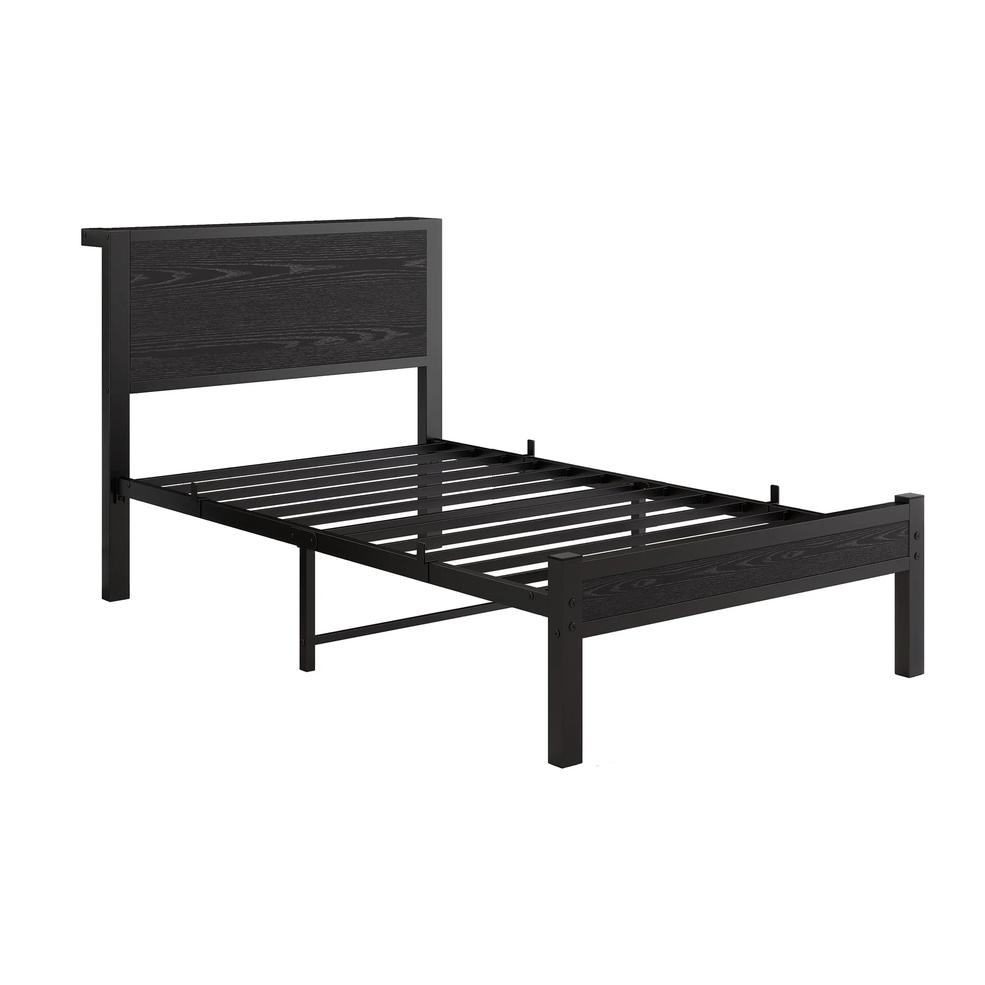 Single Metal Bed Frame 90x200cm, Storage Headboard, Noiseless Platform - Black - Image 8