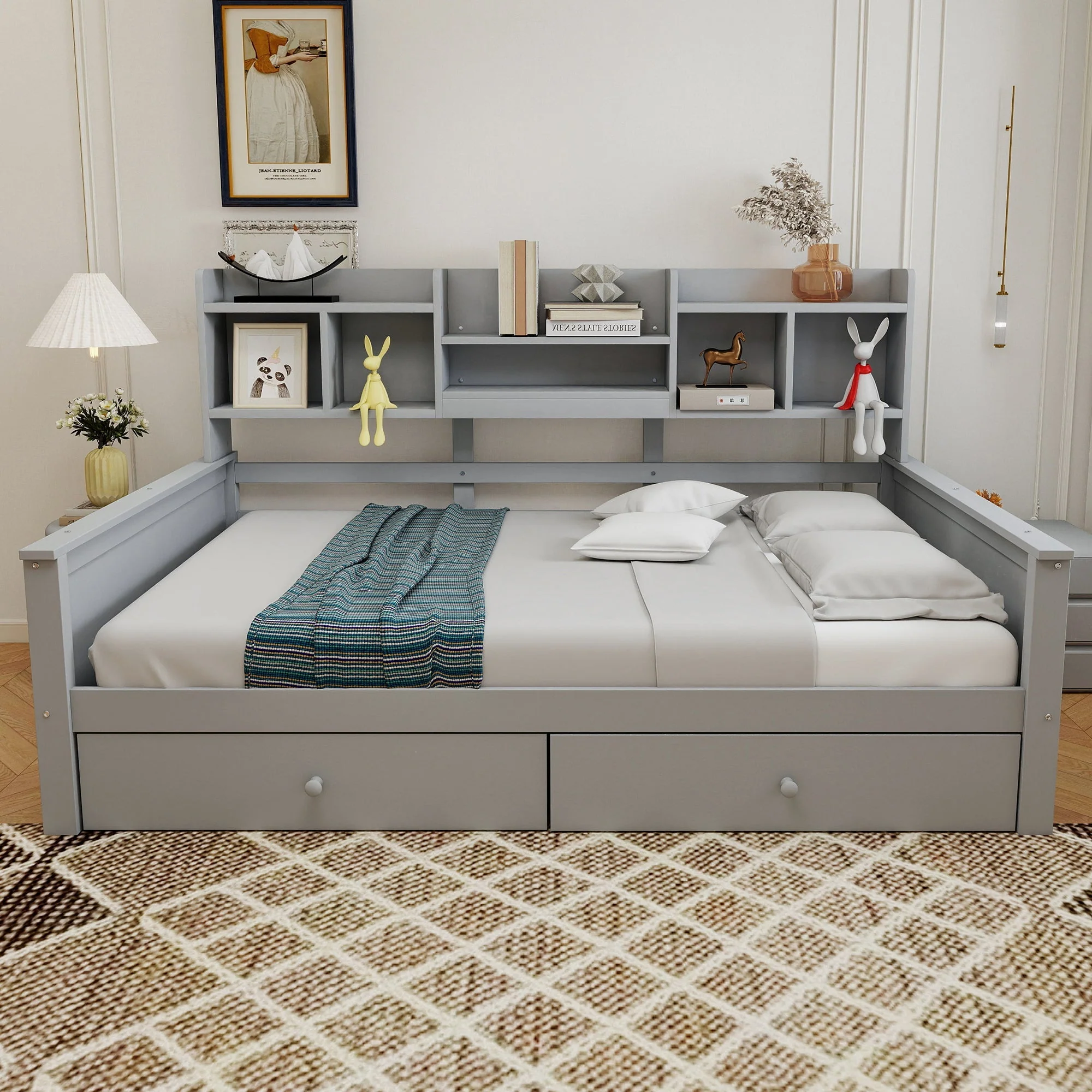 Single Sofa Bed 90x200 with Drawers, Shelves and Slatted Frame, Solid Wood Grey - Image 3