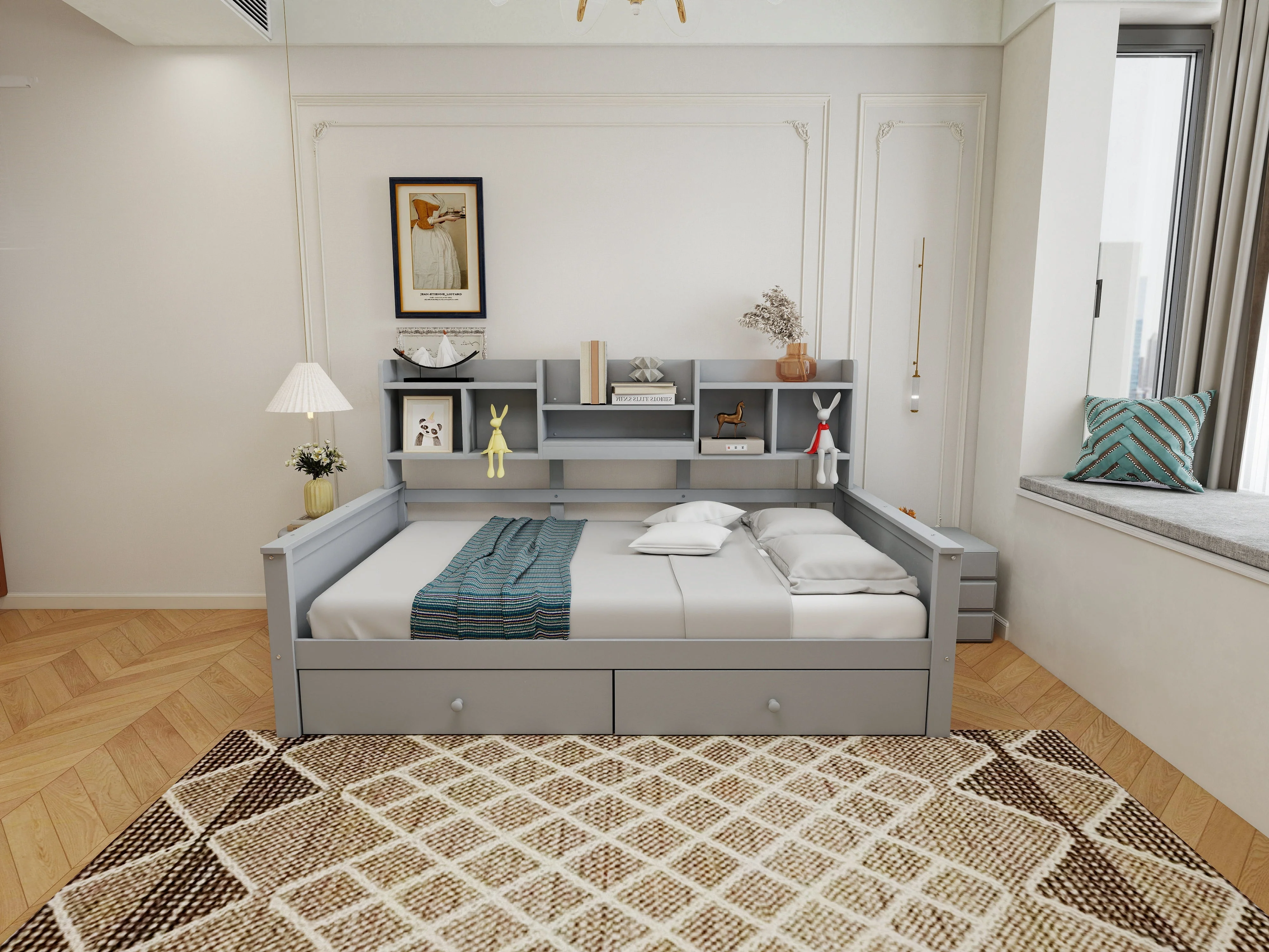 Single Sofa Bed 90x200 with Drawers, Shelves and Slatted Frame, Solid Wood Grey - Image 7