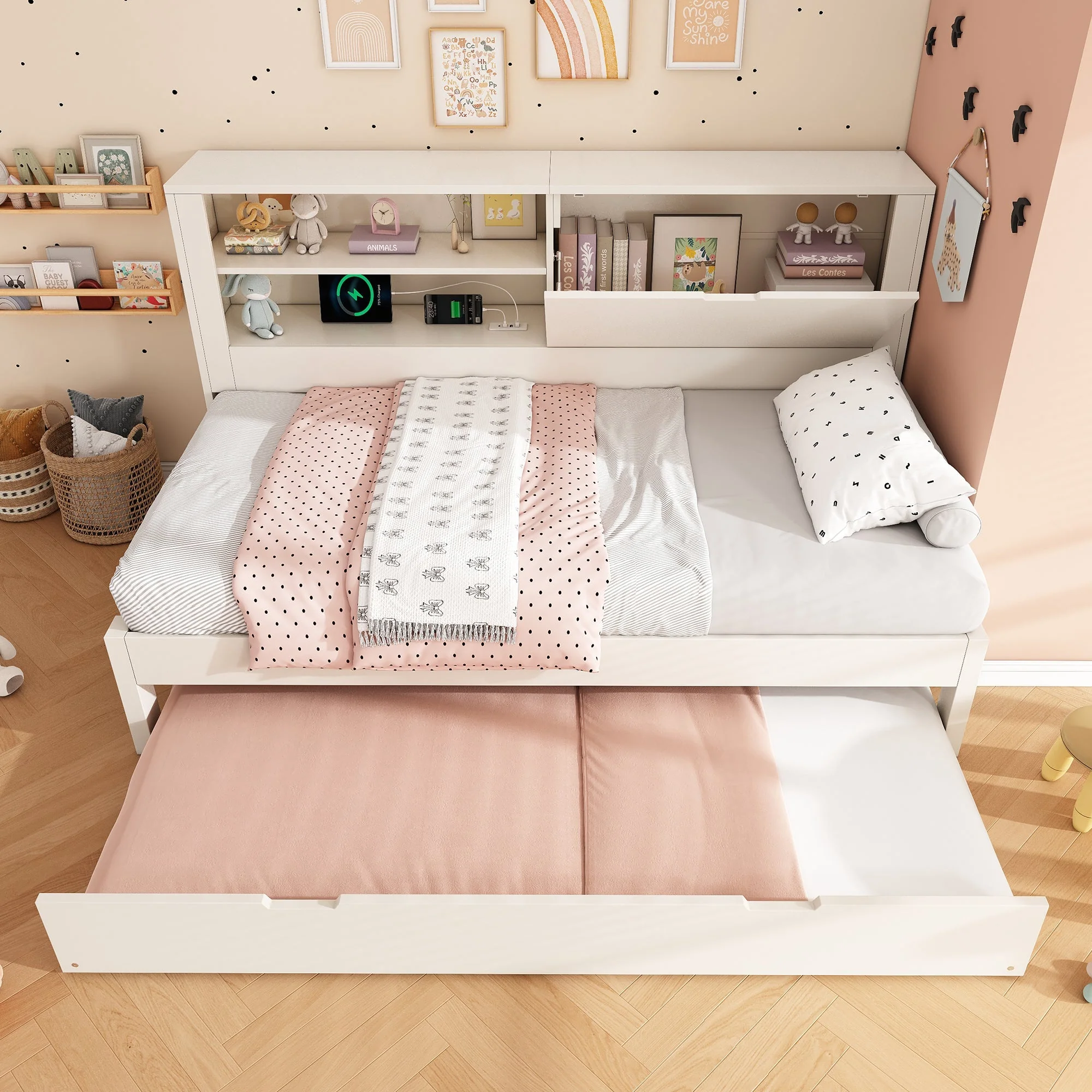 Single Sofa Bed 90x200cm Pull-Out Bed 90x190 Storage USB/USB-C Charging - White Wood - Image 9