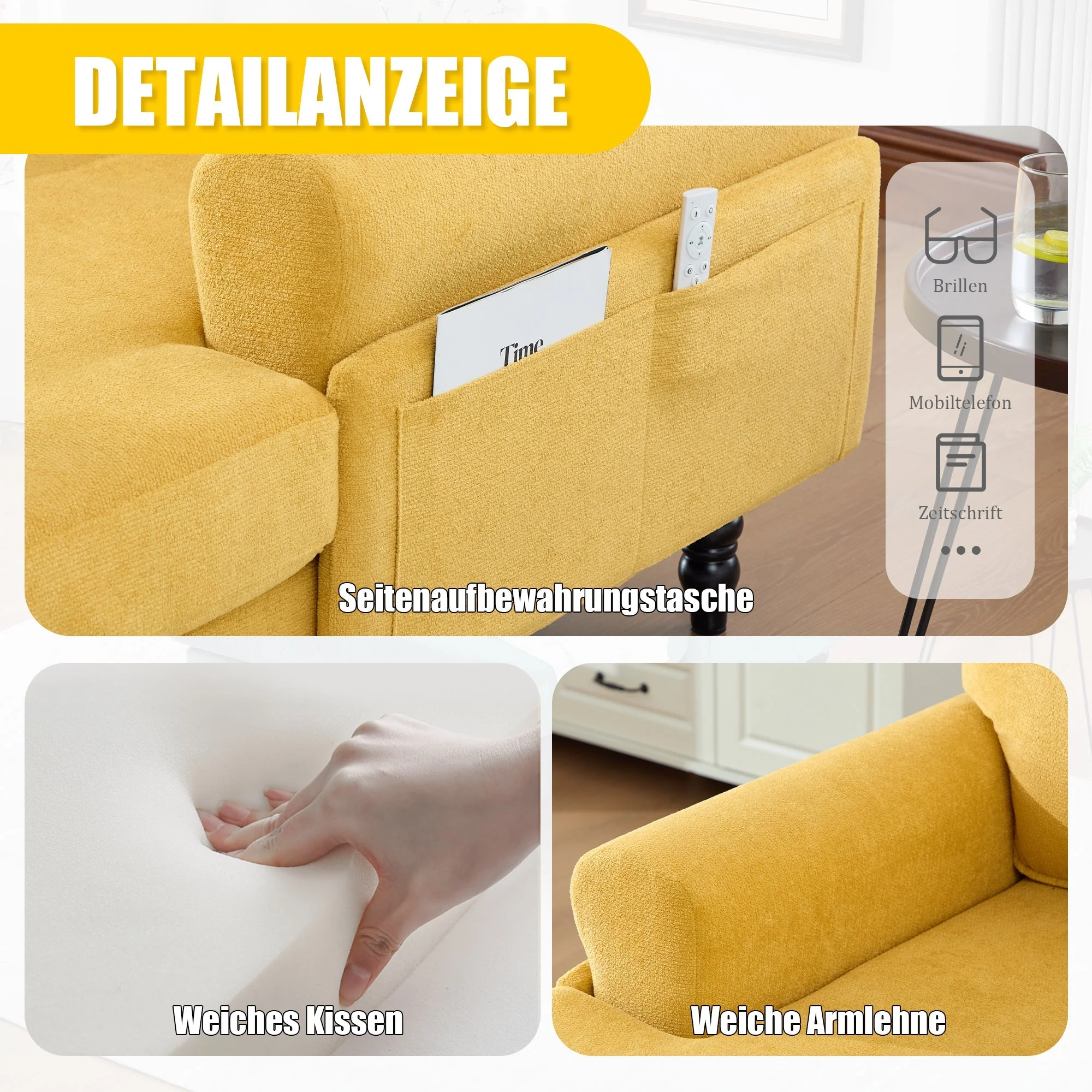 Single Sofa Lounger with Side Pockets and Wooden Legs, Chenille Fabric - Image 2