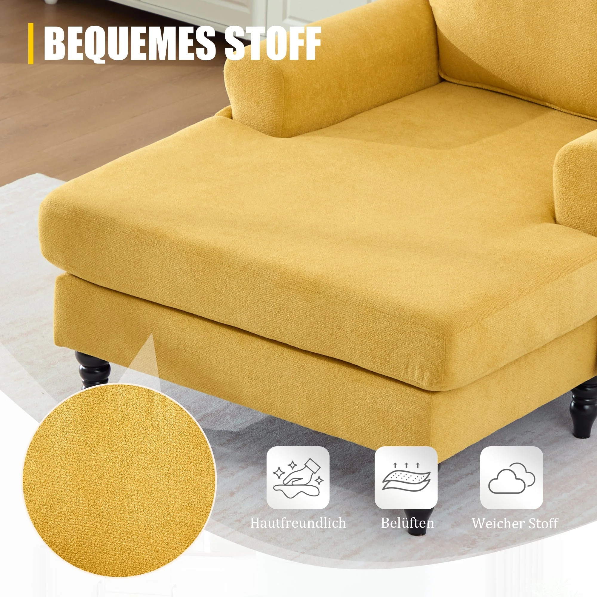 Single Sofa Lounger with Side Pockets and Wooden Legs, Chenille Fabric - Image 4