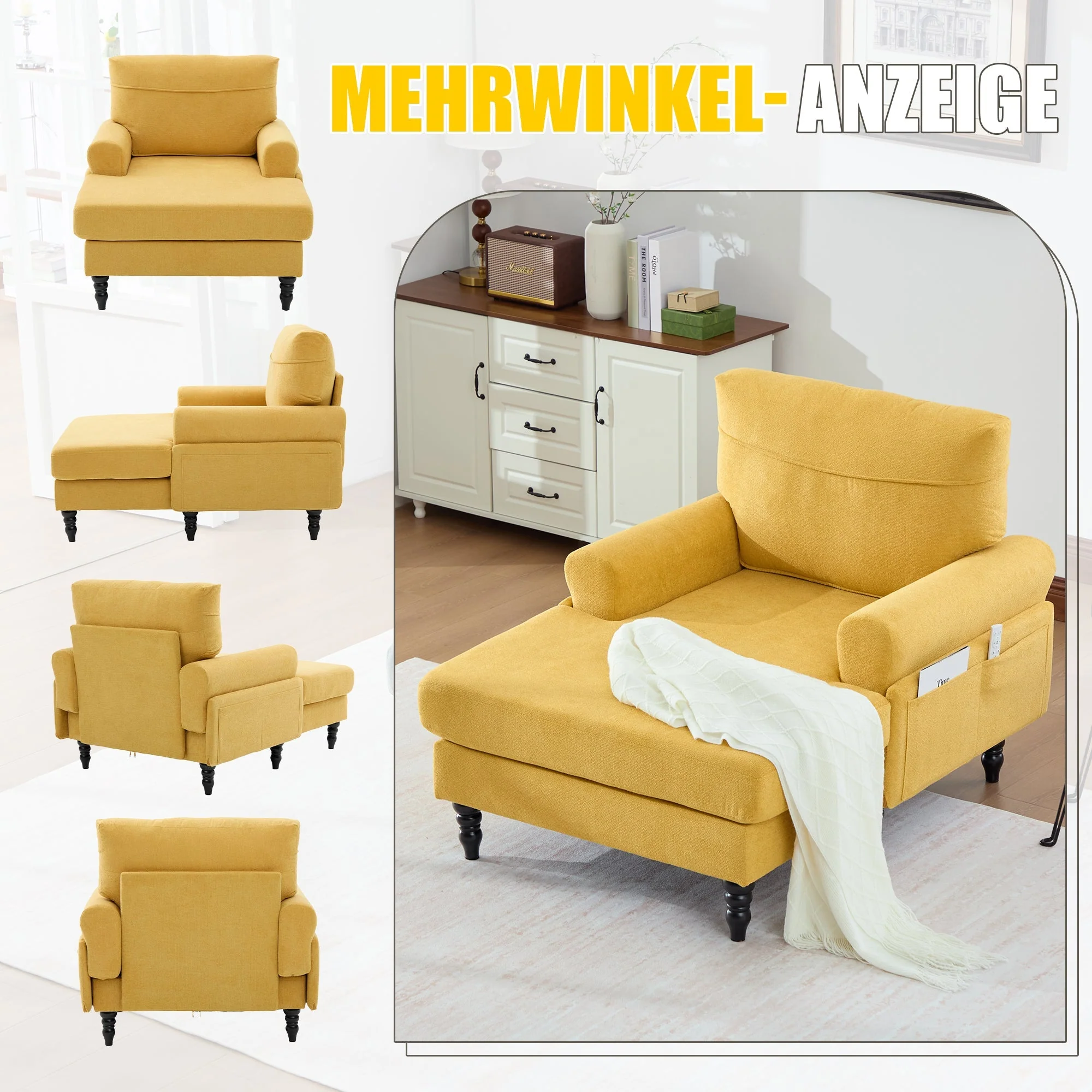 Single Sofa Lounger with Side Pockets and Wooden Legs, Chenille Fabric - Image 6
