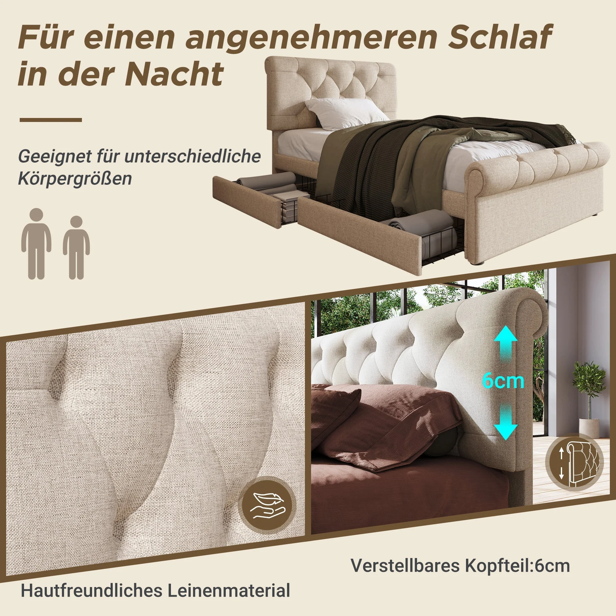 Single Upholstered Bed, 90x200cm, 2 Drawers, Adjustable Headboard, Chesterfield, Natural - Image 3