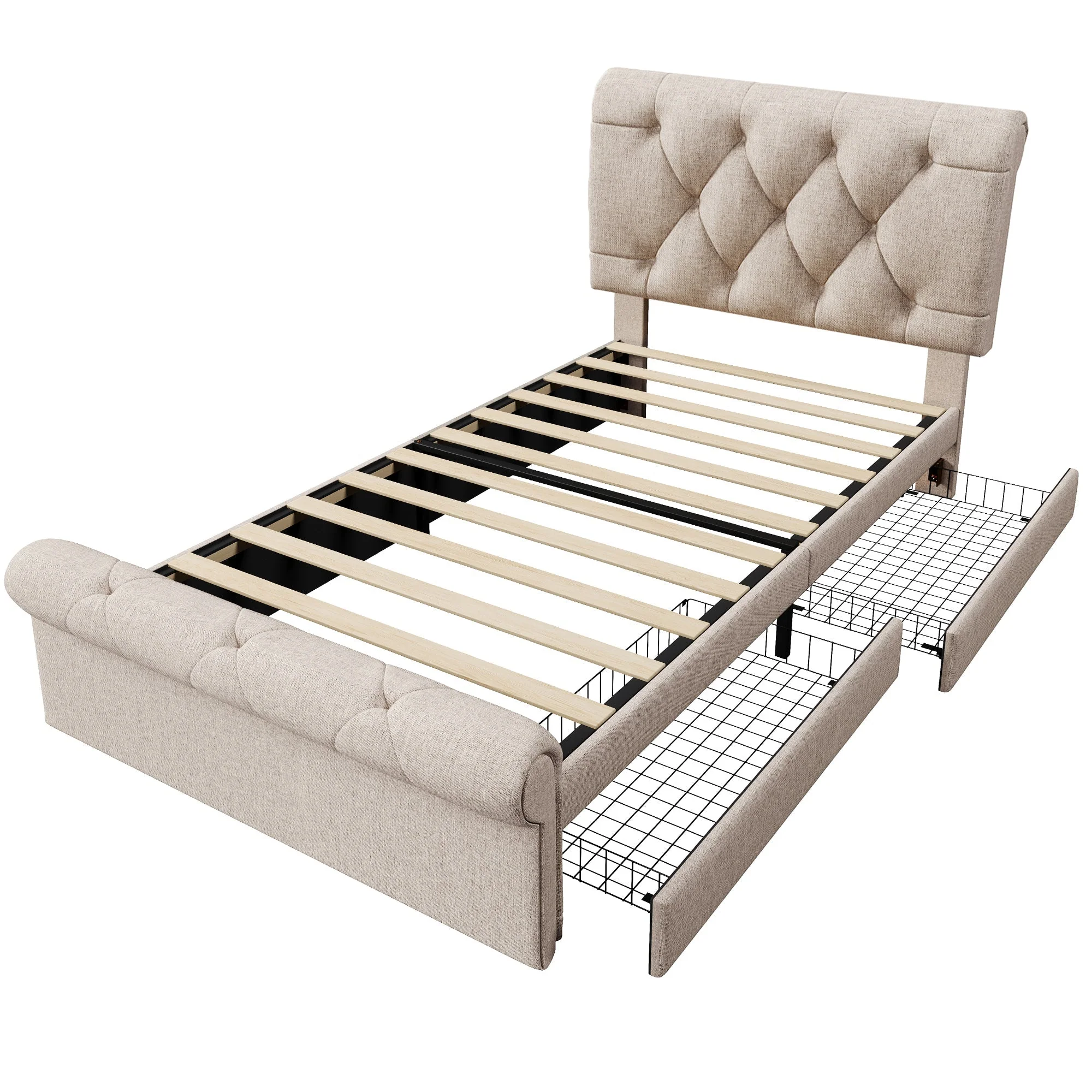 Single Upholstered Bed, 90x200cm, 2 Drawers, Adjustable Headboard, Chesterfield, Natural - Image 8